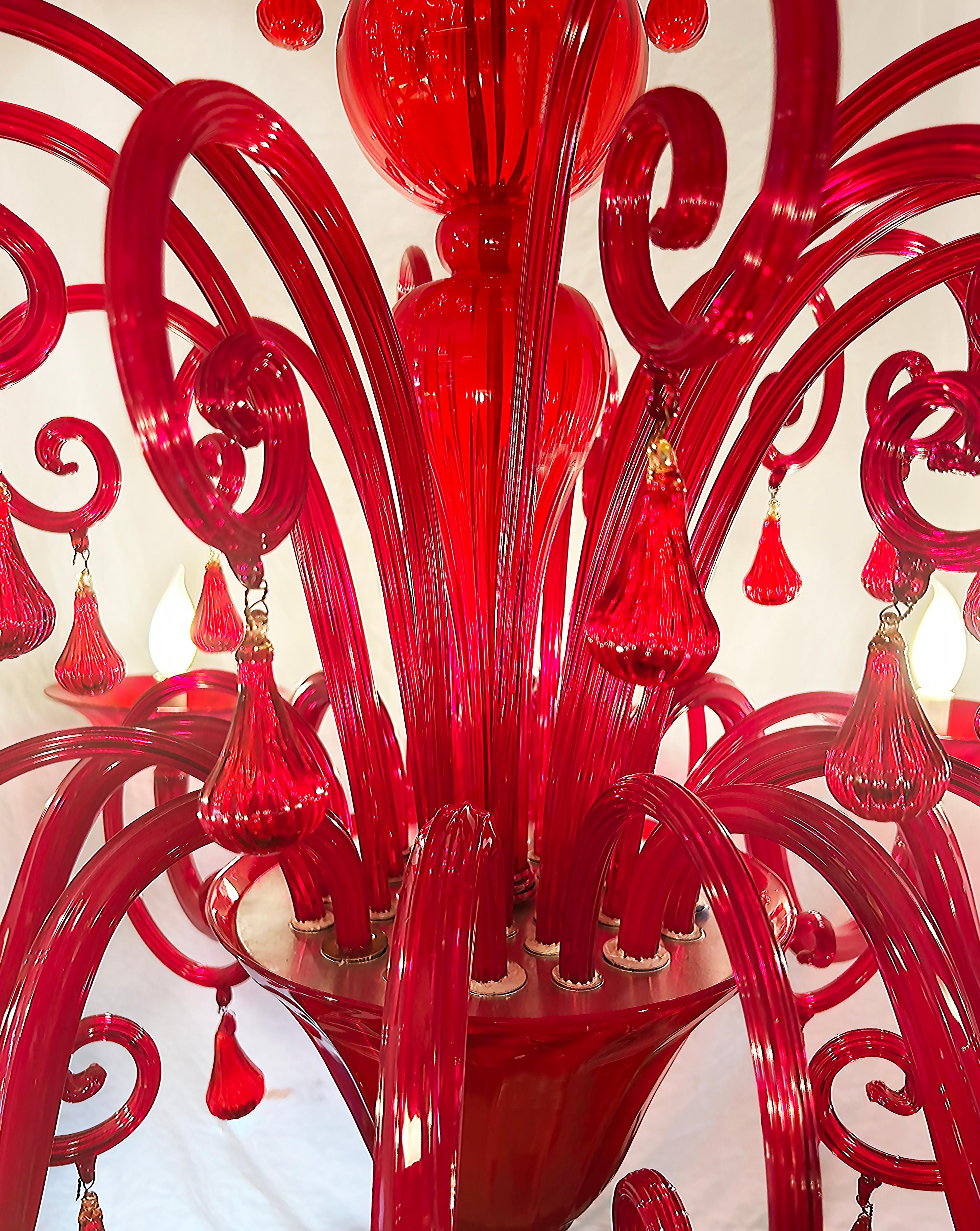 Monumental Red Murano Glass Two-Tiered 10 Light Chandelier In Good Condition For Sale In Miami, FL