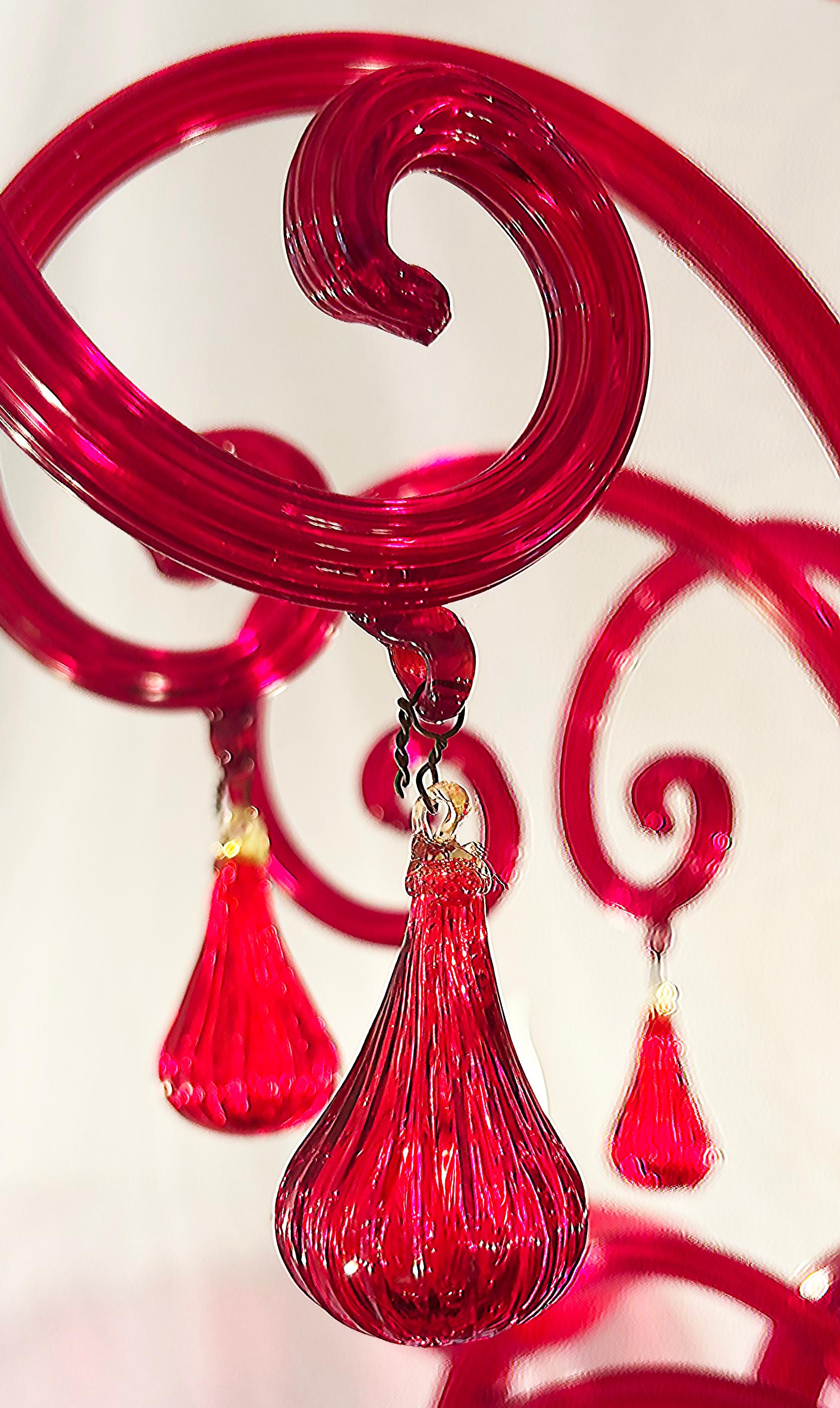 20th Century Monumental Red La Murrina Murano Glass Two-Tiered 10 Light Chandelier, Rewired For Sale