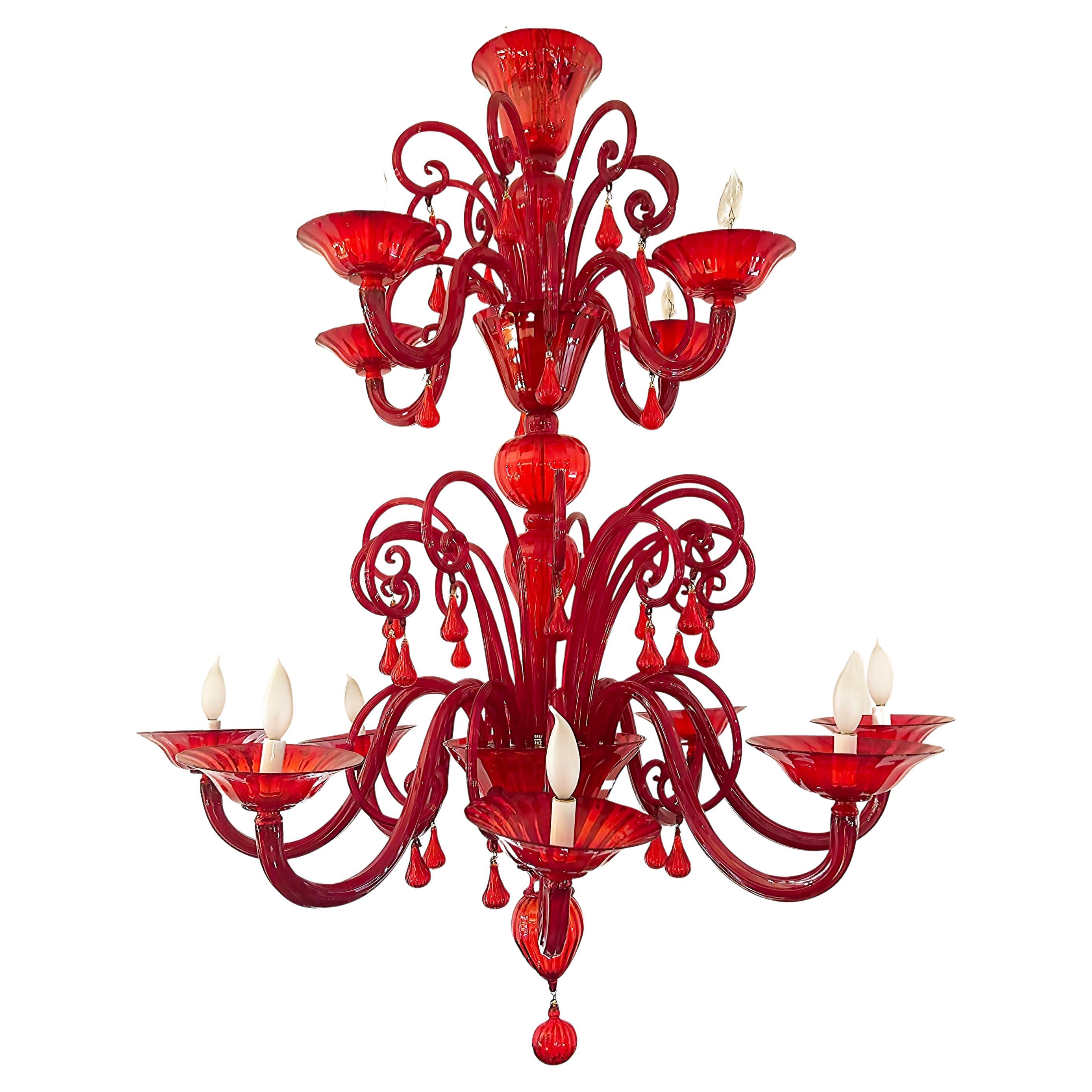 Monumental Red La Murrina Murano Glass Two-Tiered 10 Light Chandelier, Rewired For Sale