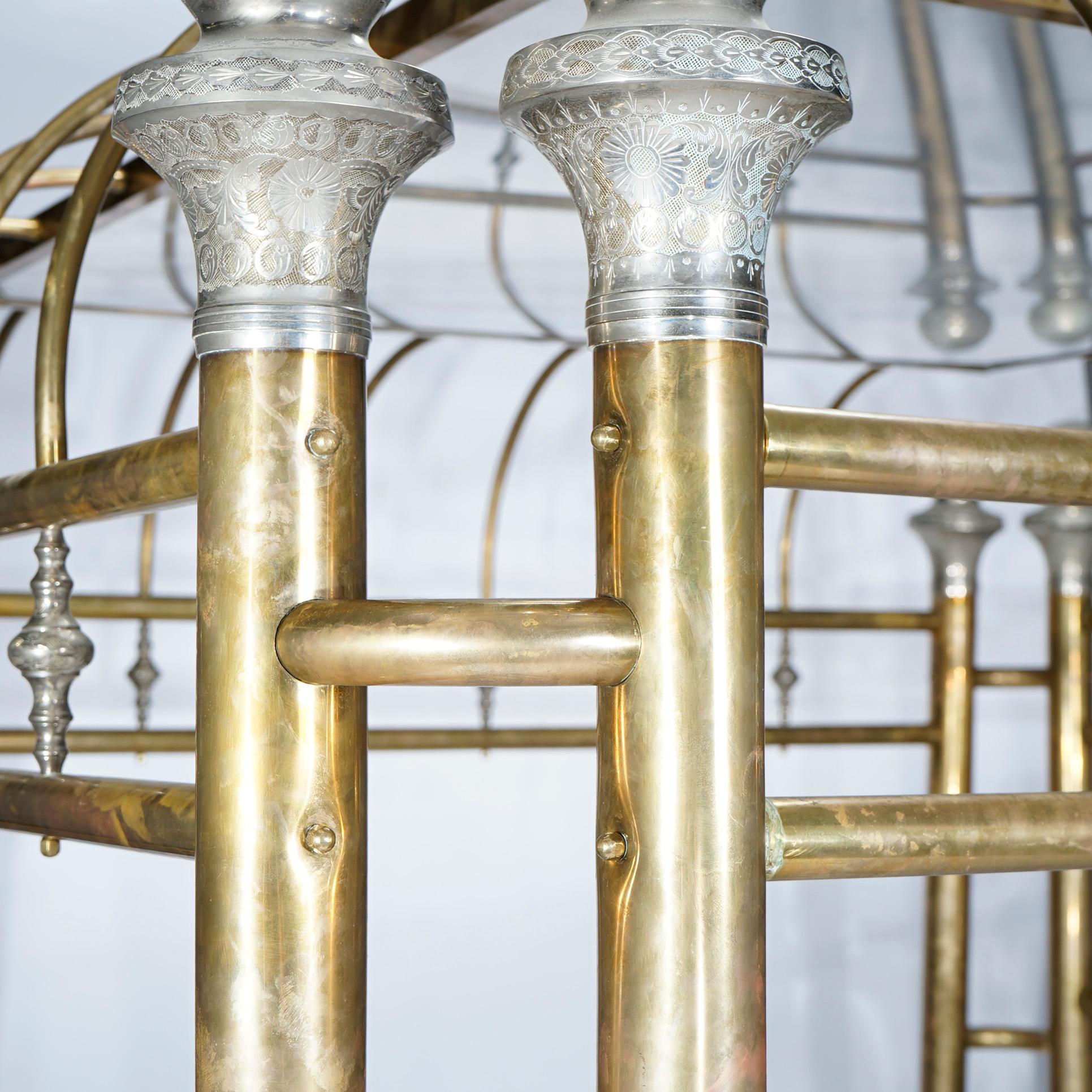 Monumental Regal Brass Bed with Mirrored Canopy & Silver Gilt Highlights, 20th C 6