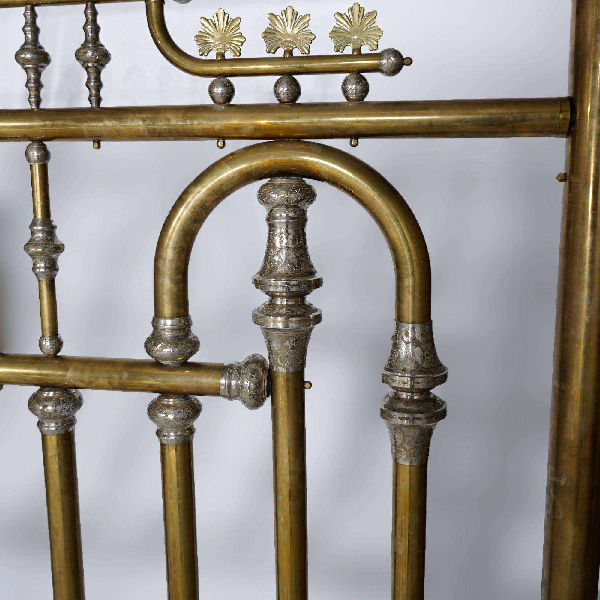 Monumental Regal Brass Bed with Mirrored Canopy & Silver Gilt Highlights, 20th C 7