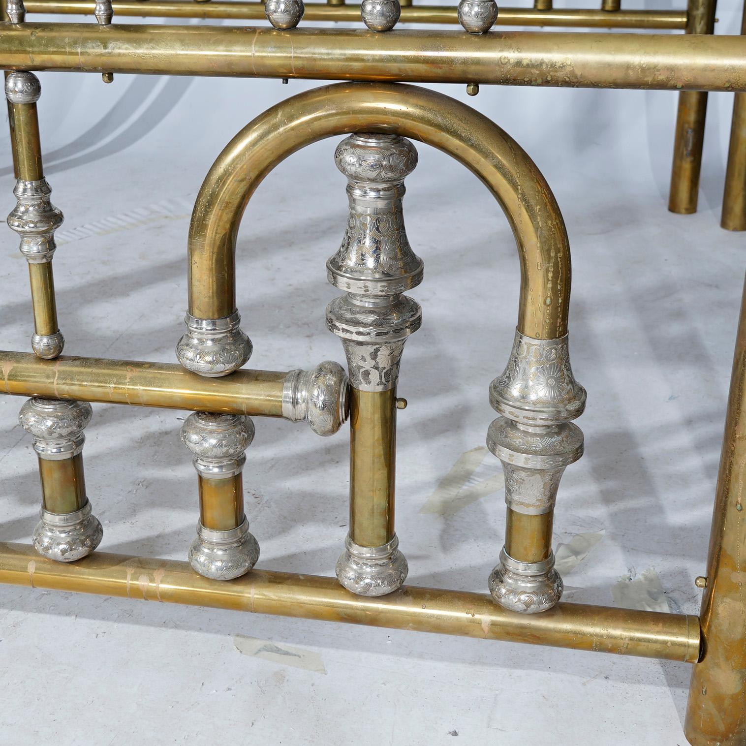 Monumental Regal Brass Bed with Mirrored Canopy & Silver Gilt Highlights, 20th C 8