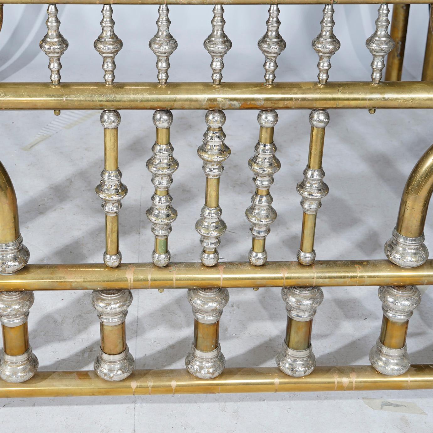 Monumental Regal Brass Bed with Mirrored Canopy & Silver Gilt Highlights, 20th C 9