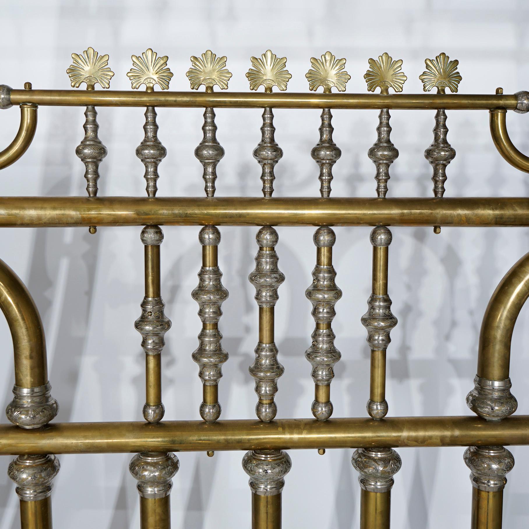 Monumental Regal Brass Bed with Mirrored Canopy & Silver Gilt Highlights, 20th C 10