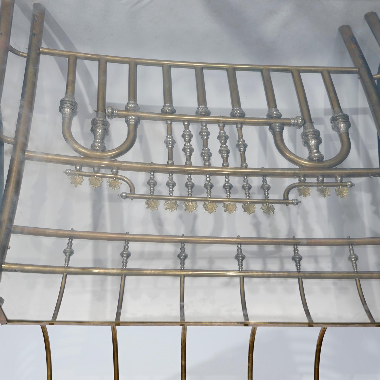 Monumental Regal Brass Bed with Mirrored Canopy & Silver Gilt Highlights, 20th C 11