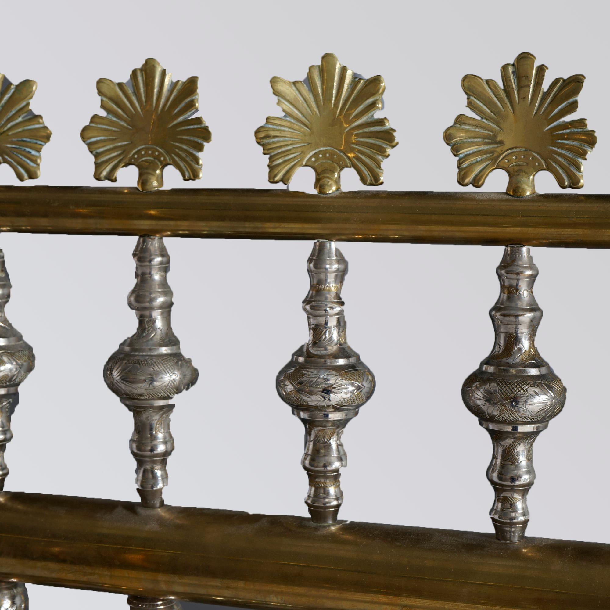 Monumental Regal Brass Bed with Mirrored Canopy & Silver Gilt Highlights, 20th C 12