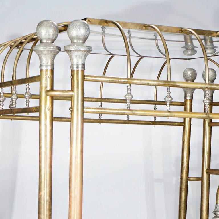 Monumental Regal Brass Bed with Mirrored Canopy and Silver Gilt