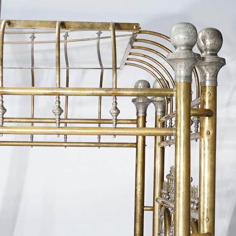 Monumental Regal Brass Bed with Mirrored Canopy & Silver Gilt Highlights, 20th C In Good Condition In Big Flats, NY