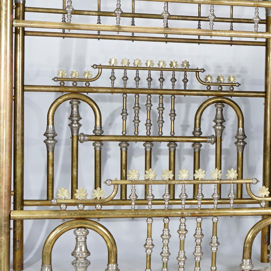 20th Century Monumental Regal Brass Bed with Mirrored Canopy & Silver Gilt Highlights, 20th C