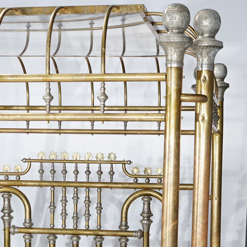 Monumental Regal Brass Bed with Mirrored Canopy & Silver Gilt Highlights, 20th C 1