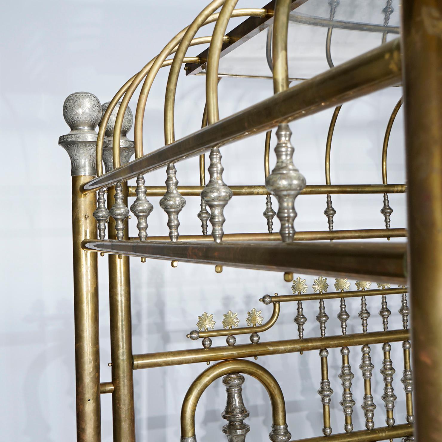 Monumental Regal Brass Bed with Mirrored Canopy & Silver Gilt Highlights, 20th C 2