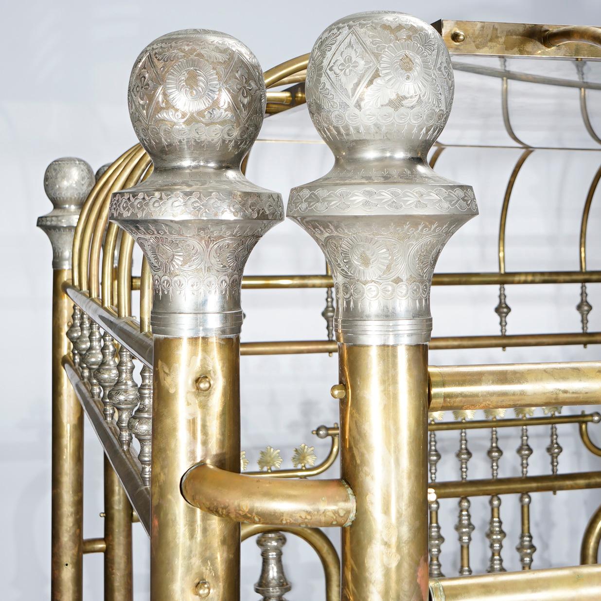 Monumental Regal Brass Bed with Mirrored Canopy & Silver Gilt Highlights, 20th C 4