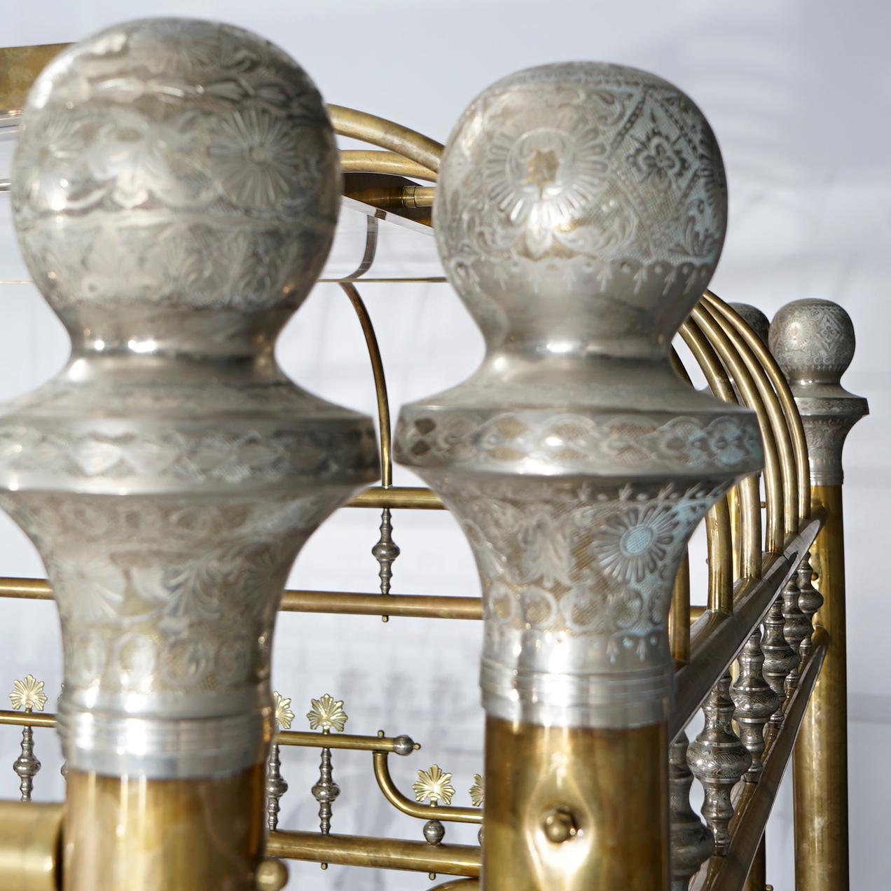Monumental Regal Brass Bed with Mirrored Canopy & Silver Gilt Highlights, 20th C 5