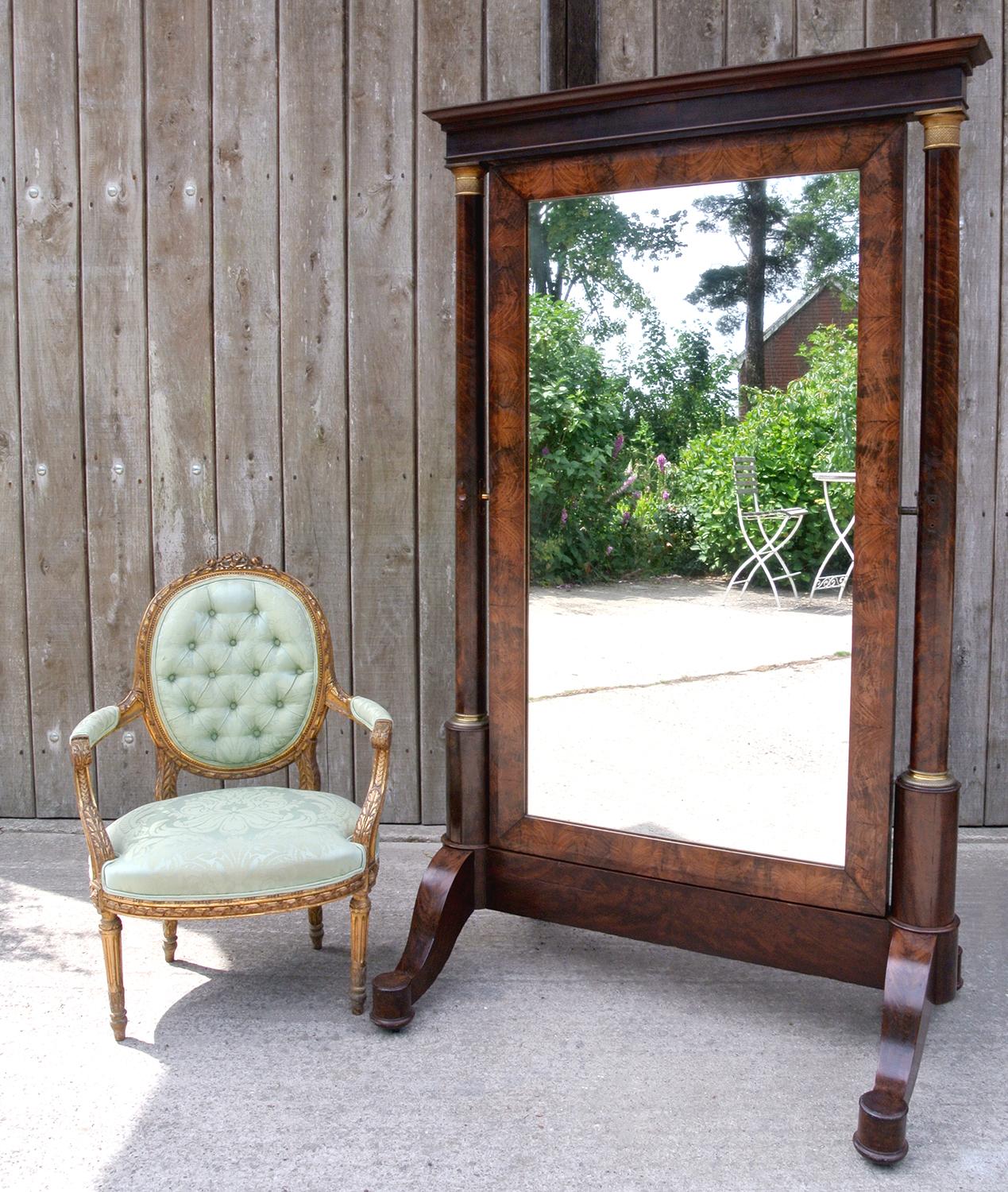 Monumental Regency Cheval Mirror of French Empire Design with Brass Mounts For Sale 3