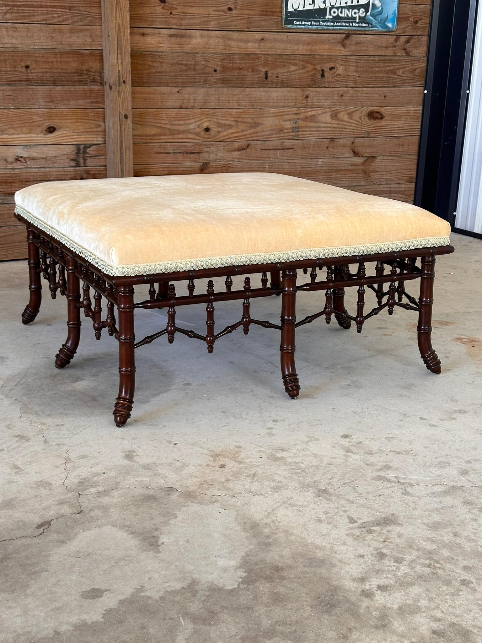 Monumental Regency Faux Bamboo Velvet Upholstered Ottoman by Century Furniture 4
