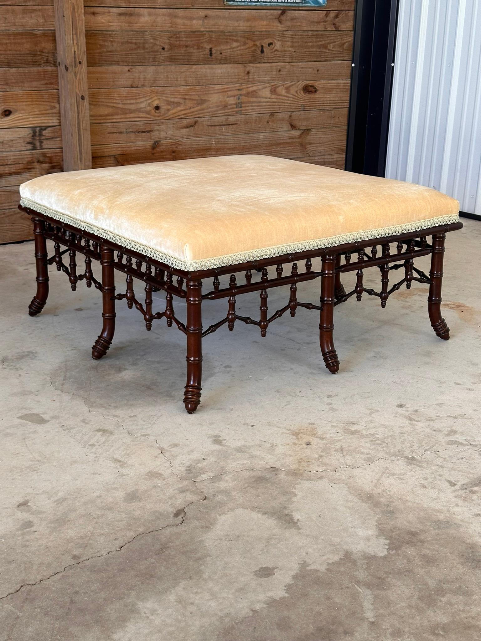 Monumental Regency Faux Bamboo Velvet Upholstered Ottoman by Century Furniture 5