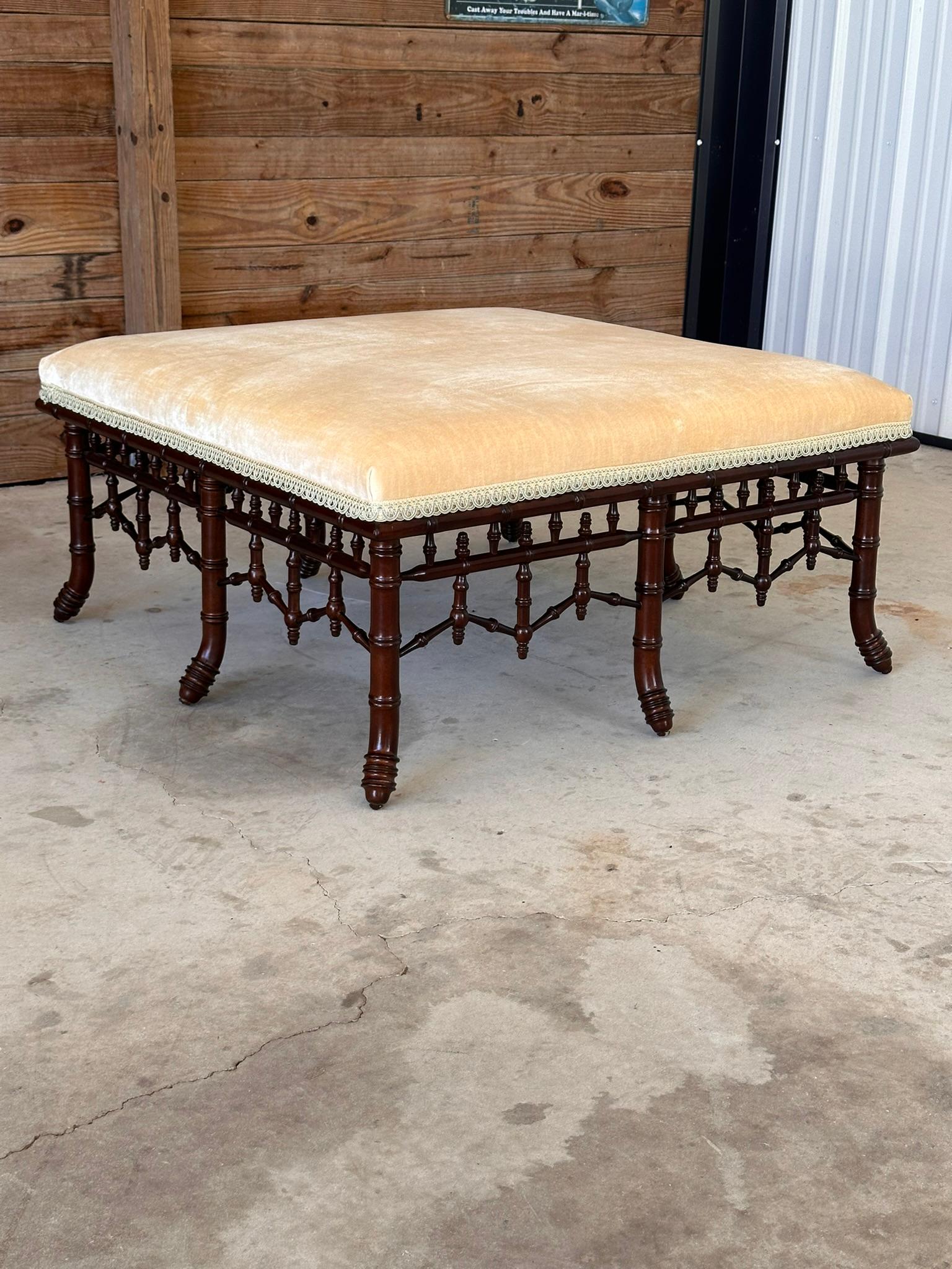 Monumental Regency Faux Bamboo Velvet Upholstered Ottoman by Century Furniture 6