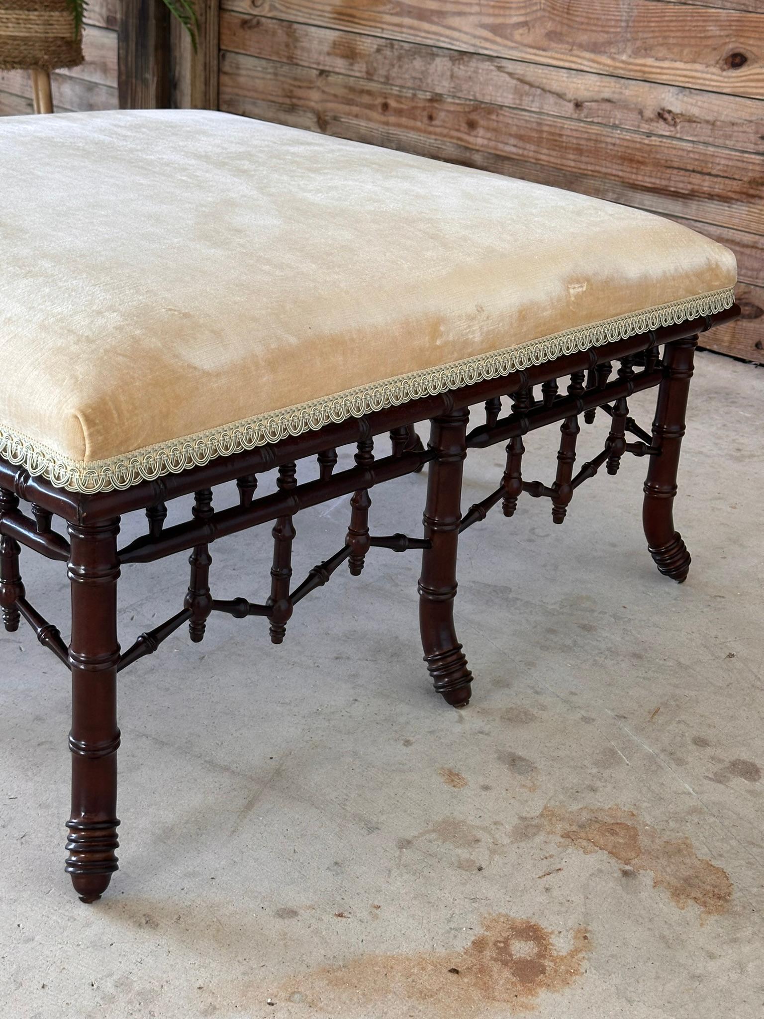 Hollywood Regency Monumental Regency Faux Bamboo Velvet Upholstered Ottoman by Century Furniture