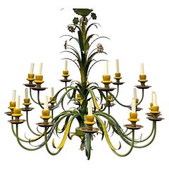 Monumental Regency Italian Tole Metal Palm Frond & Flowers Chandelier - 18 Arms