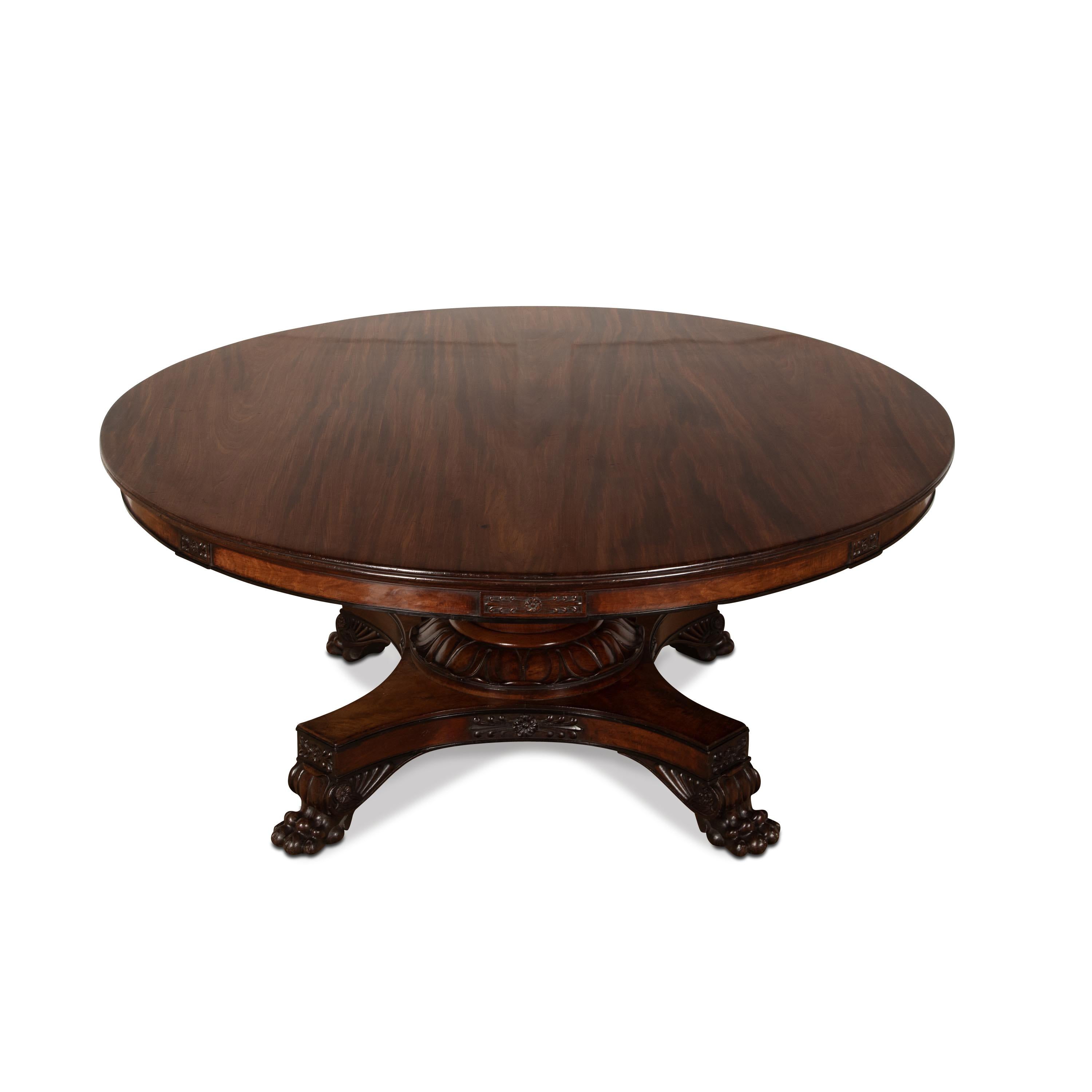 A highly important Regency mahogany and ebony centre table of superior quality, spectacular scale and featuring Thomas Hope`s Neo-Classical influences. The circular top constructed of the best grade solid figured mahogany with reeded edge, above a