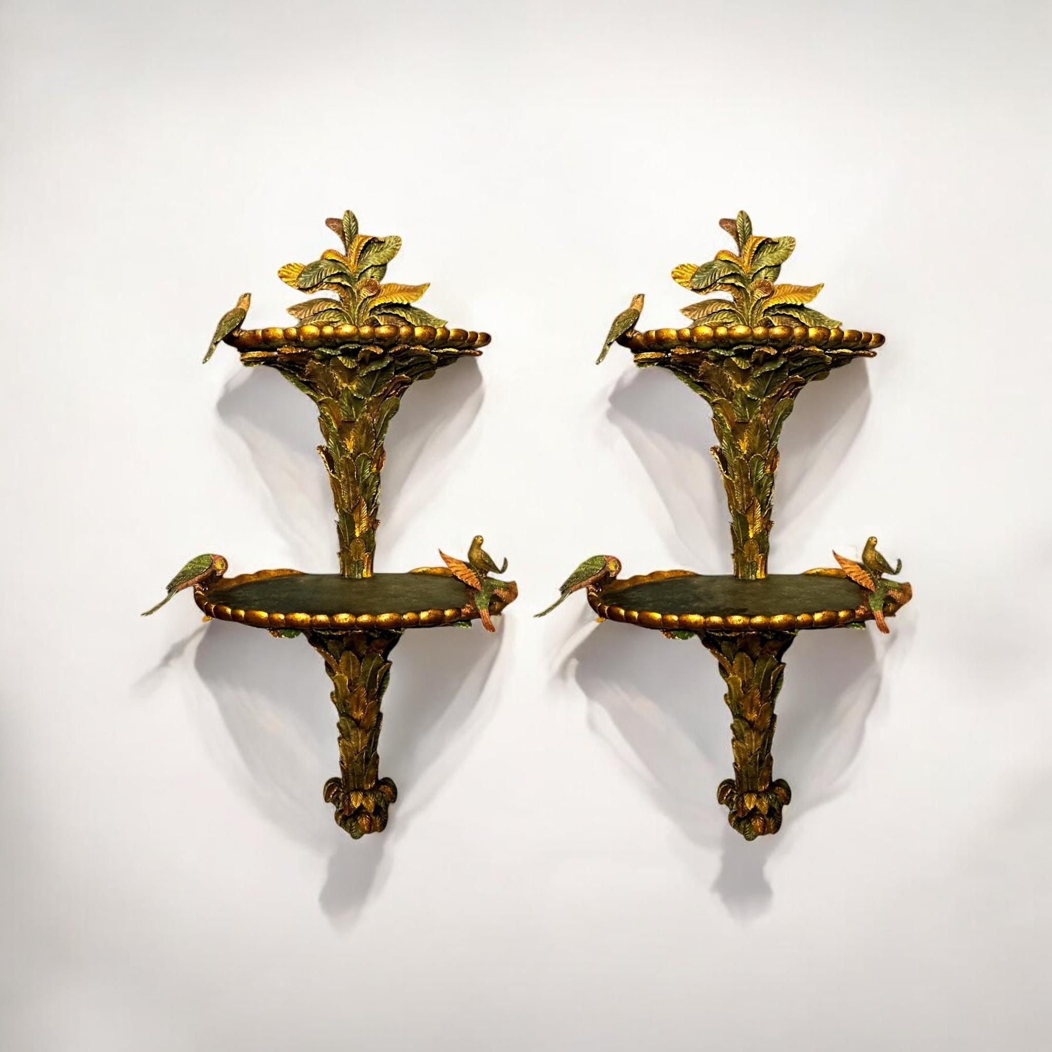 20th Century Monumental Regency Style Wall Shelves With Palm Fronds & Birds  39” H - Pair For Sale