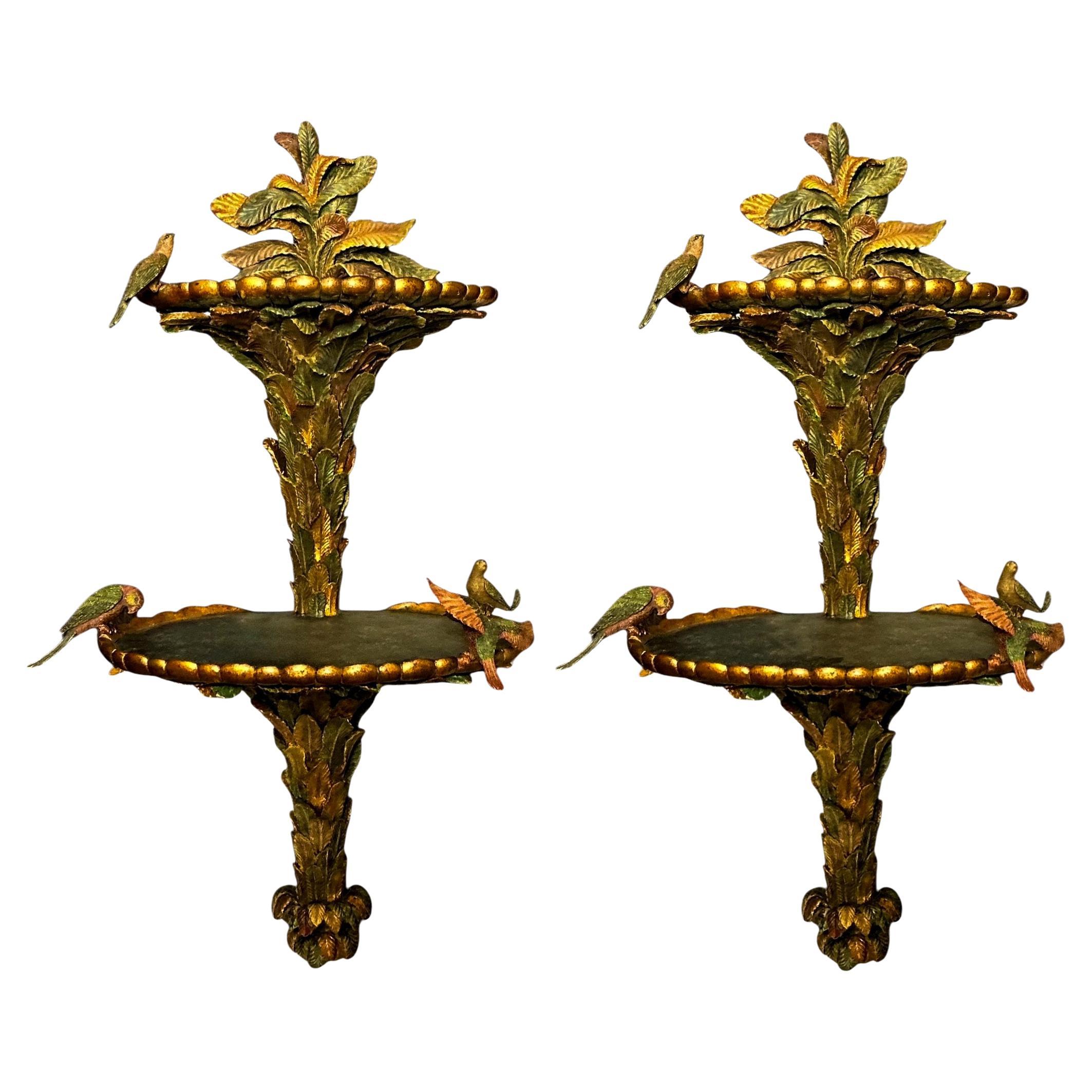 Monumental Regency Style Wall Shelves With Palm Fronds & Birds  39” H - Pair For Sale