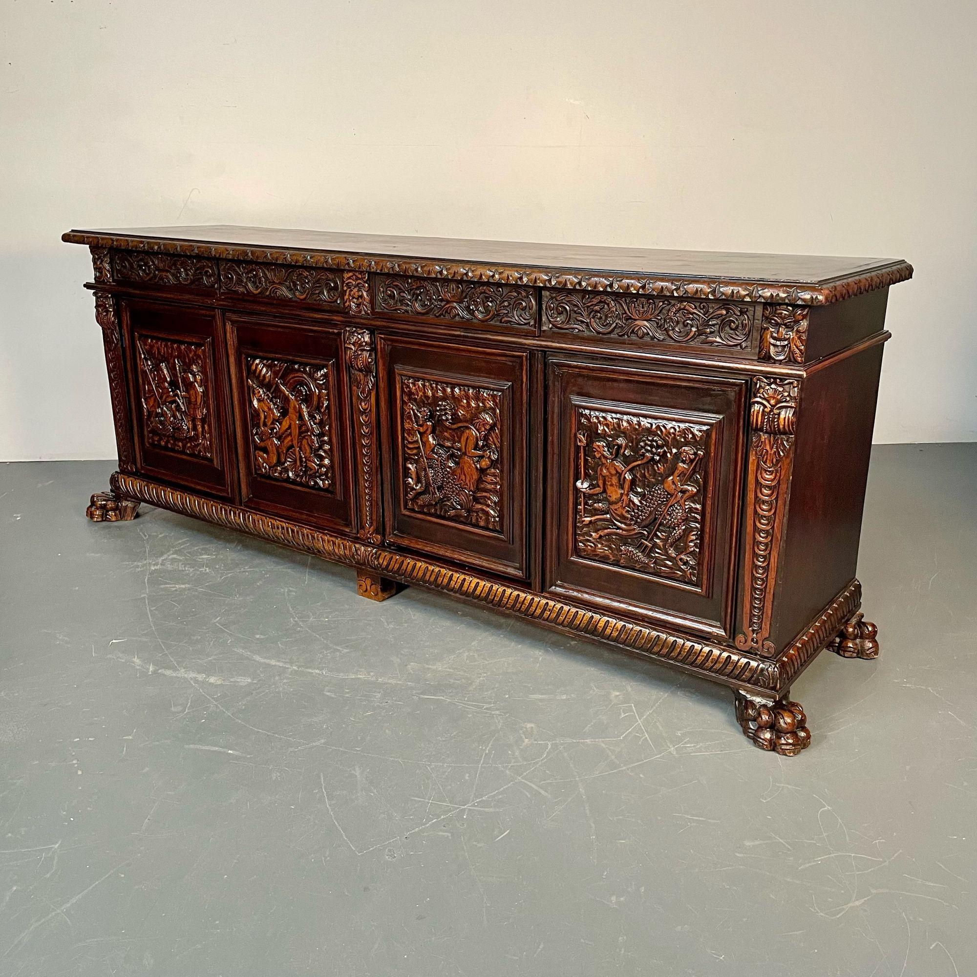 Romanian Monumental Renaissance Revival Sideboard, Heavily Carved, Mahogany, Branded For Sale