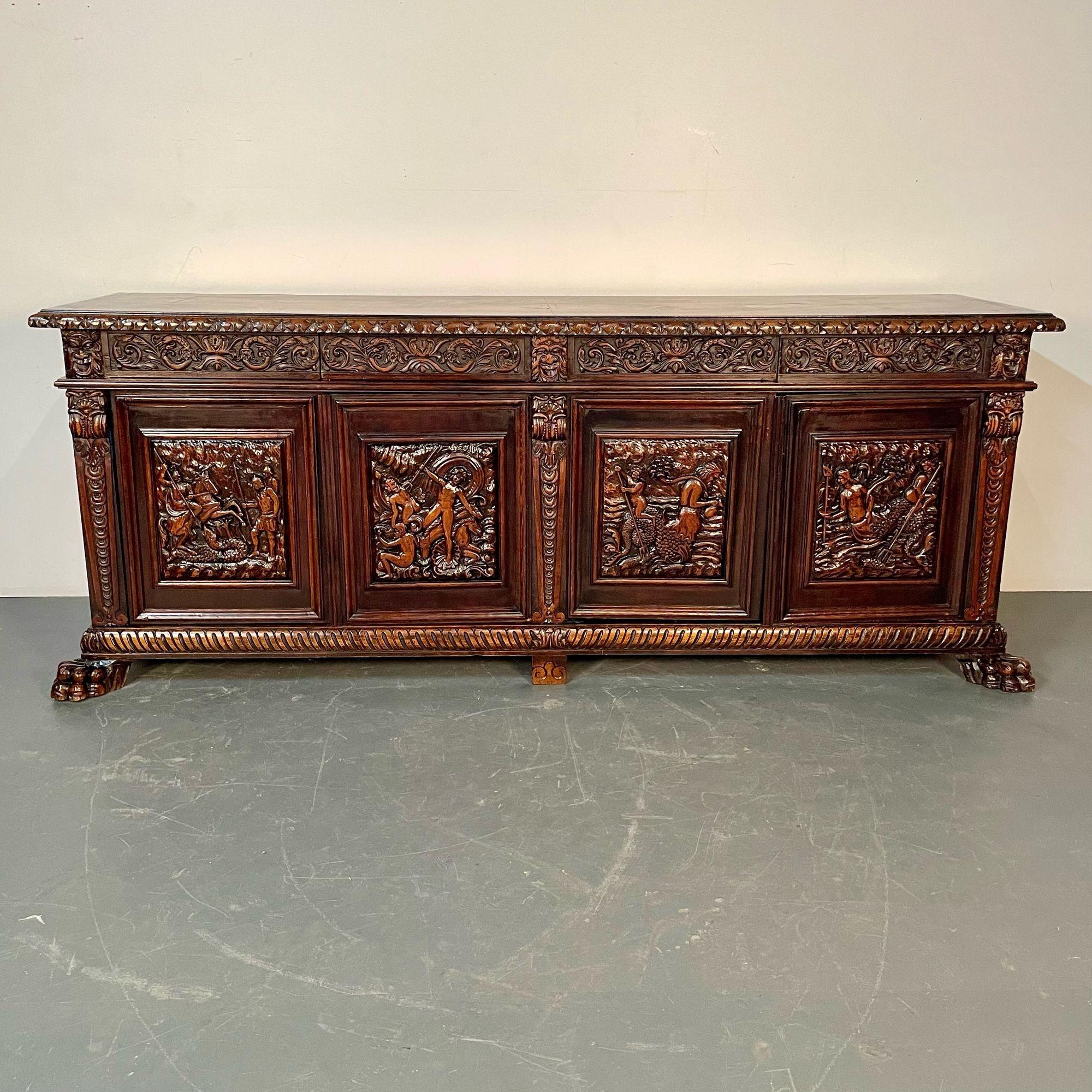 Monumental Renaissance Revival Sideboard, Heavily Carved, Mahogany, Branded In Fair Condition For Sale In Stamford, CT