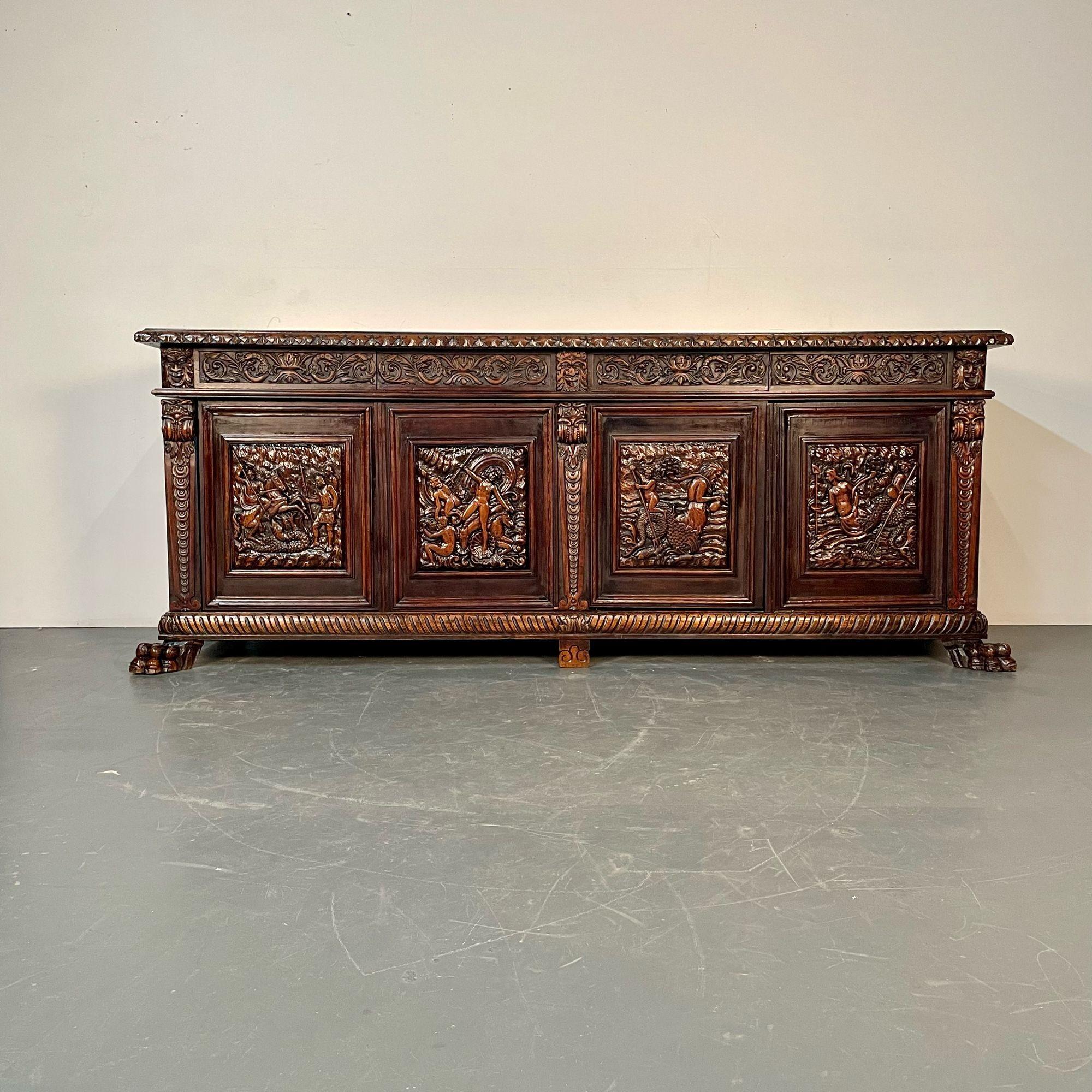 Early 20th Century Monumental Renaissance Revival Sideboard, Heavily Carved, Mahogany, Branded For Sale