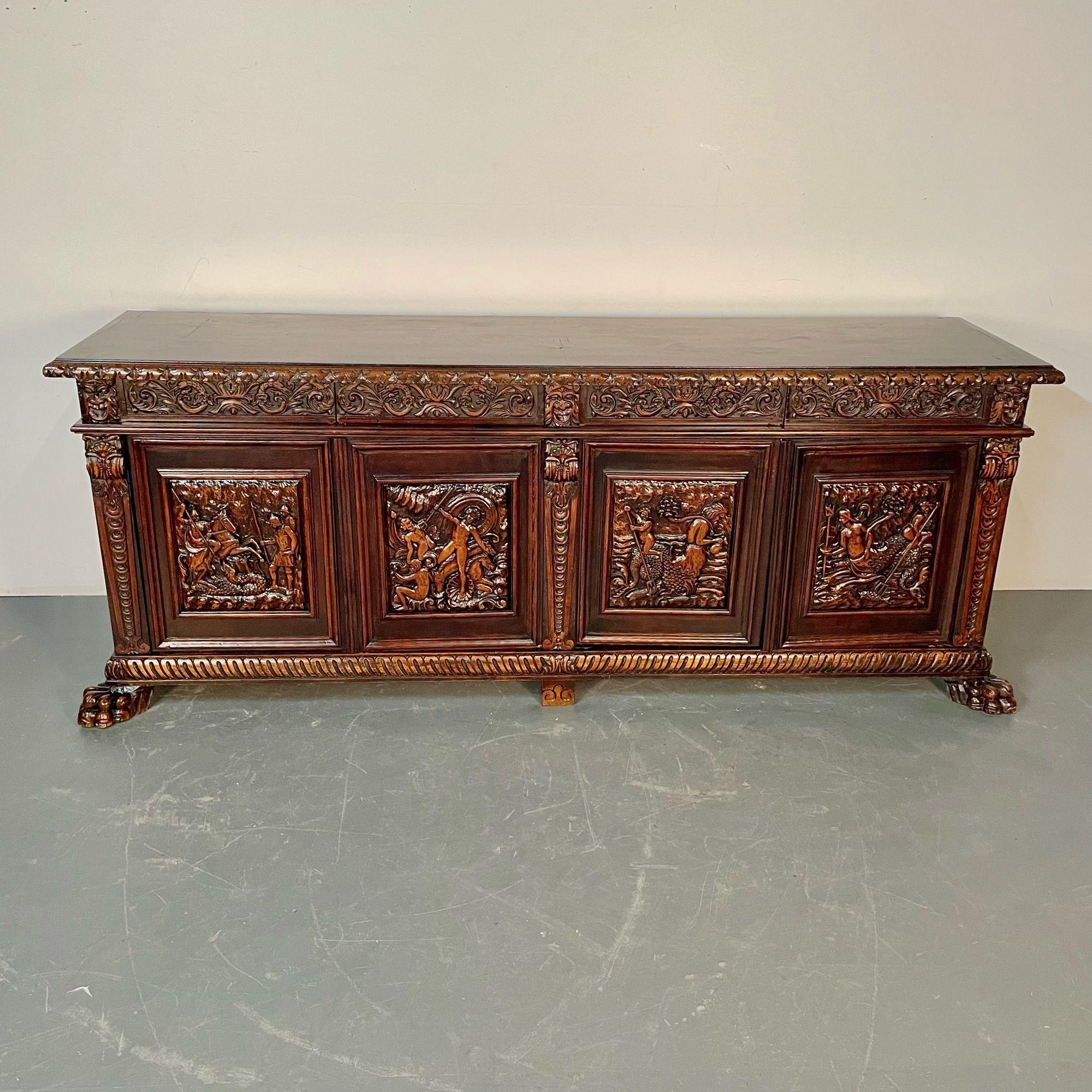 Wood Monumental Renaissance Revival Sideboard, Heavily Carved, Mahogany, Branded For Sale