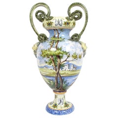 Monumental Renaissance Revival Vase Majolica Italy 19th Century Hand Painted