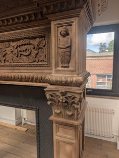 Monumental Renaissance Style Carved Oak Hooded Fireplace, France