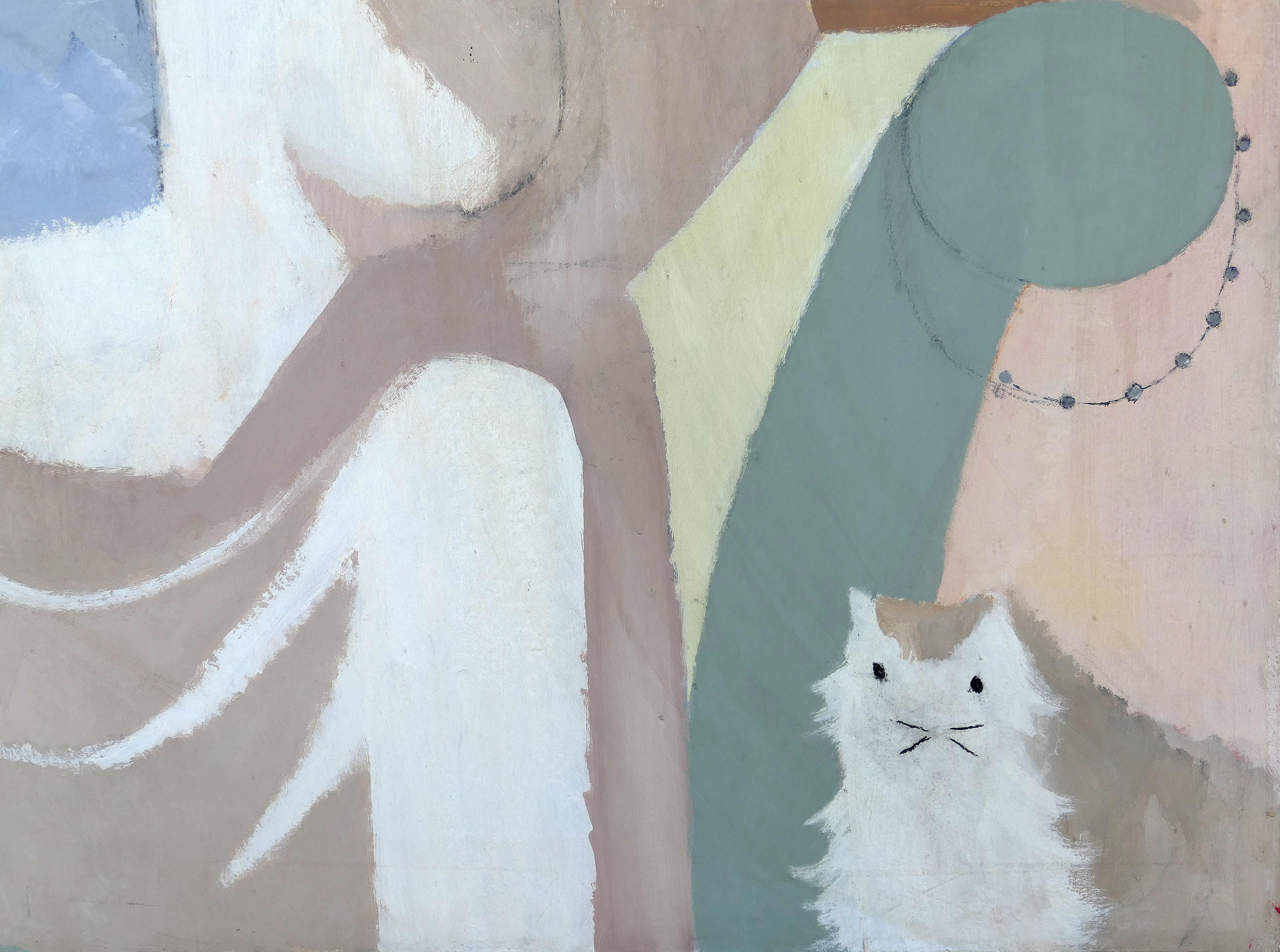 Moderne Grande peinture abstraite vintage de Robert Casper, Femme et chat, 1977 en vente