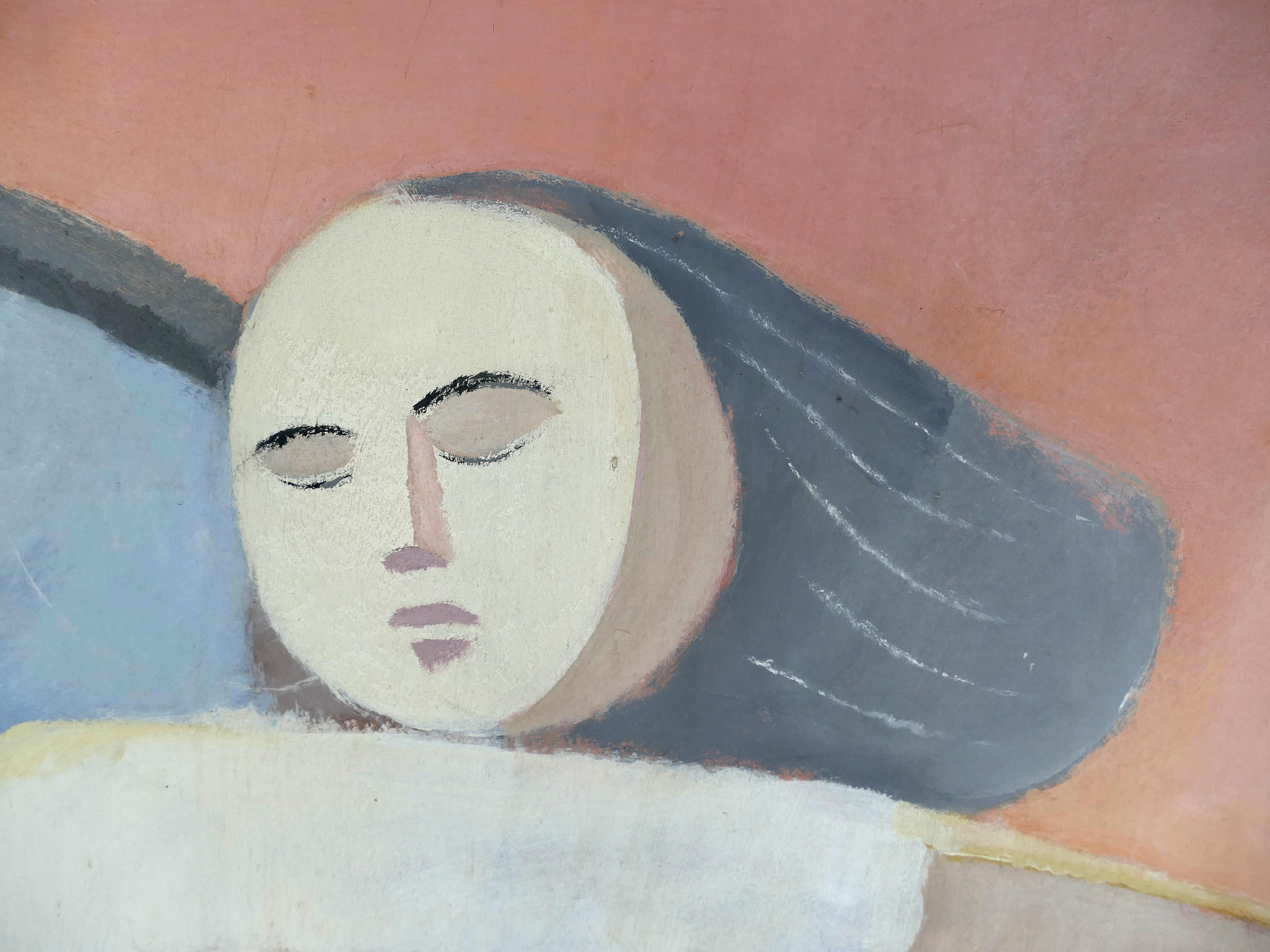 Toile Grande peinture abstraite vintage de Robert Casper, Femme et chat, 1977 en vente