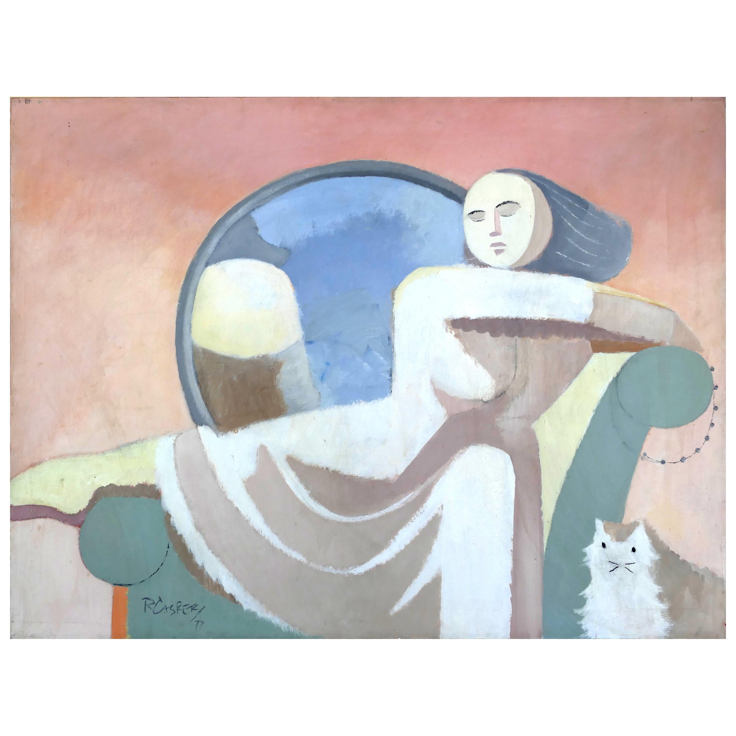 Grande peinture abstraite vintage de Robert Casper, Femme et chat, 1977 en vente
