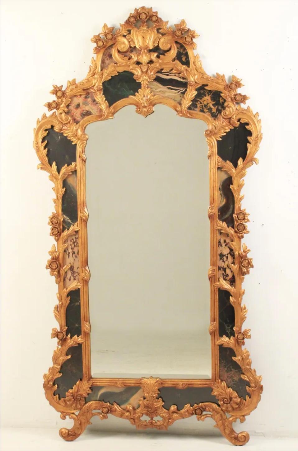 20th Century Monumental Rococo Gold Gilt and Faux Marble Wall Mirror For Sale