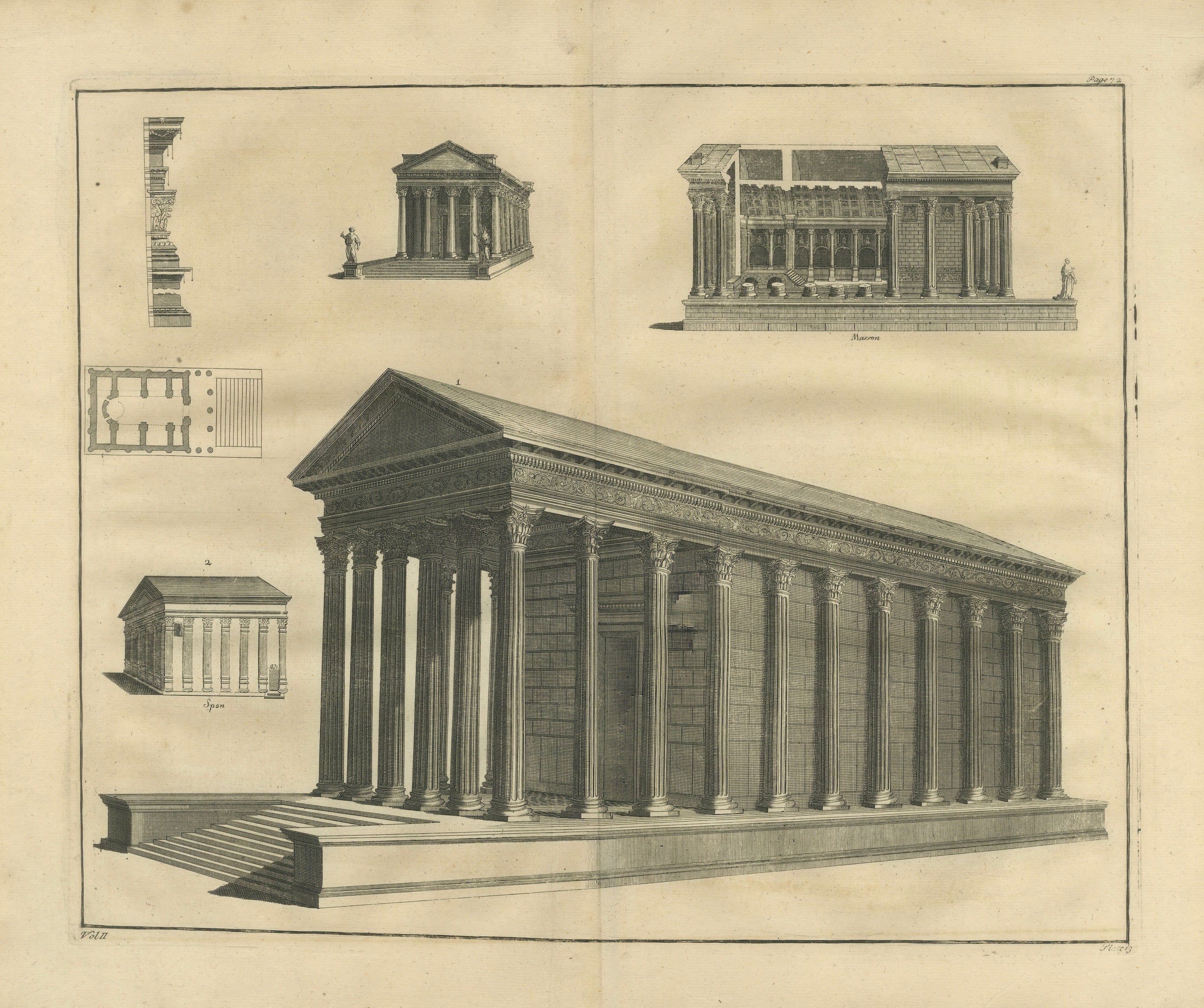 Monumental Roman Temple Architecture Engraving, Montfaucon 1721