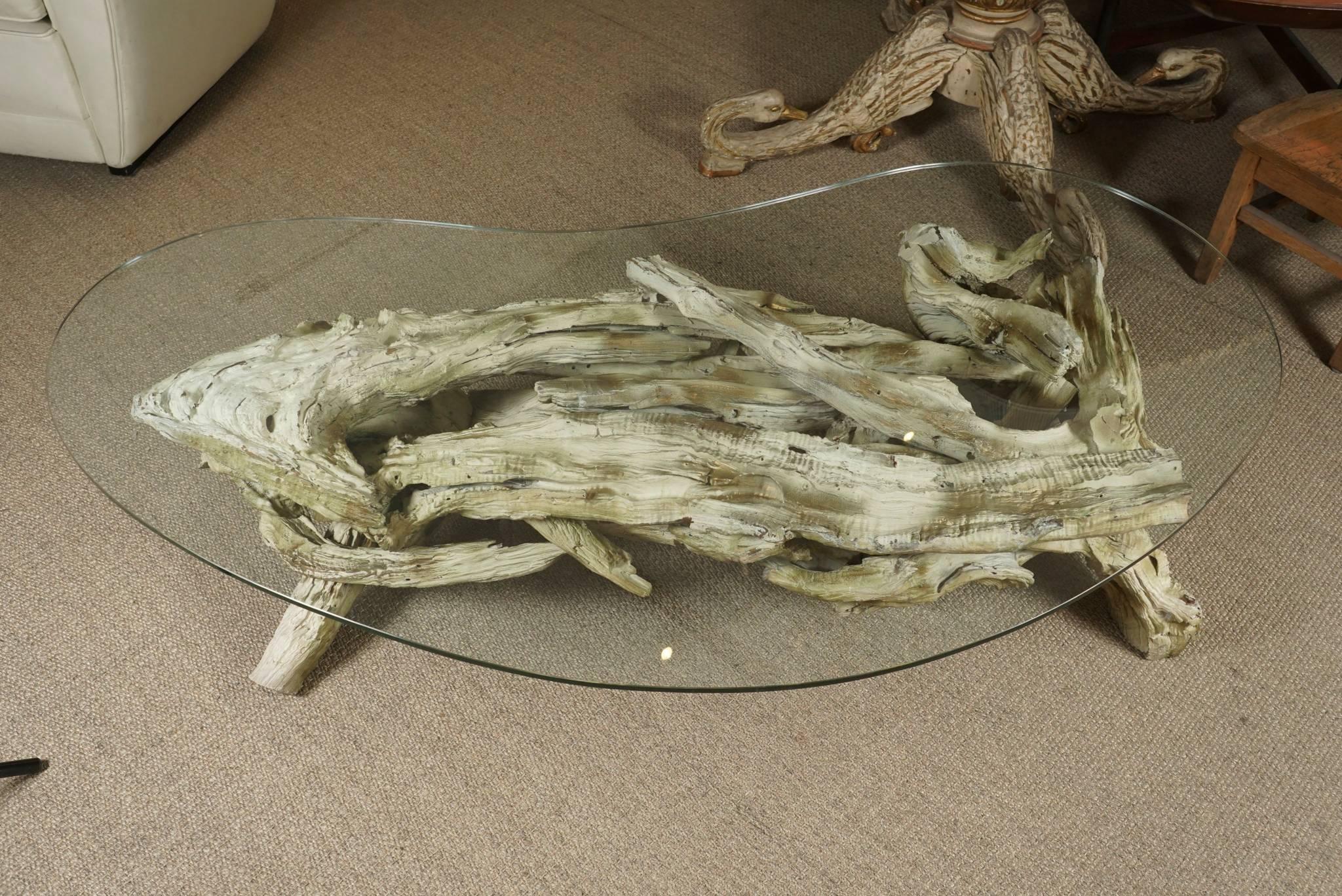 Driftwood Monumental Root Table Base with Glass Top For Sale