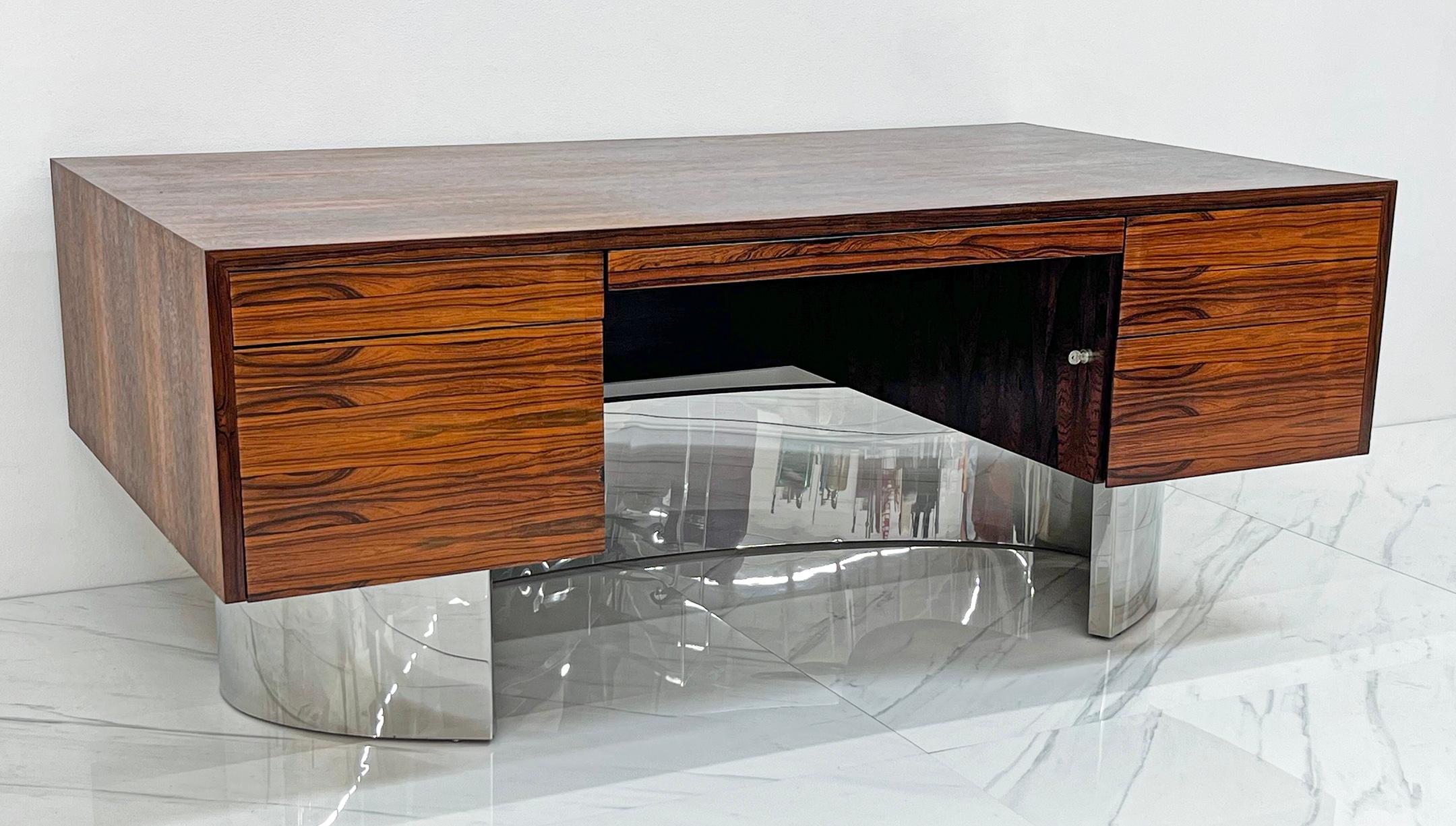 Monumental Rosewood and Polished Stainless Steel Executive Desk, 1970's 5