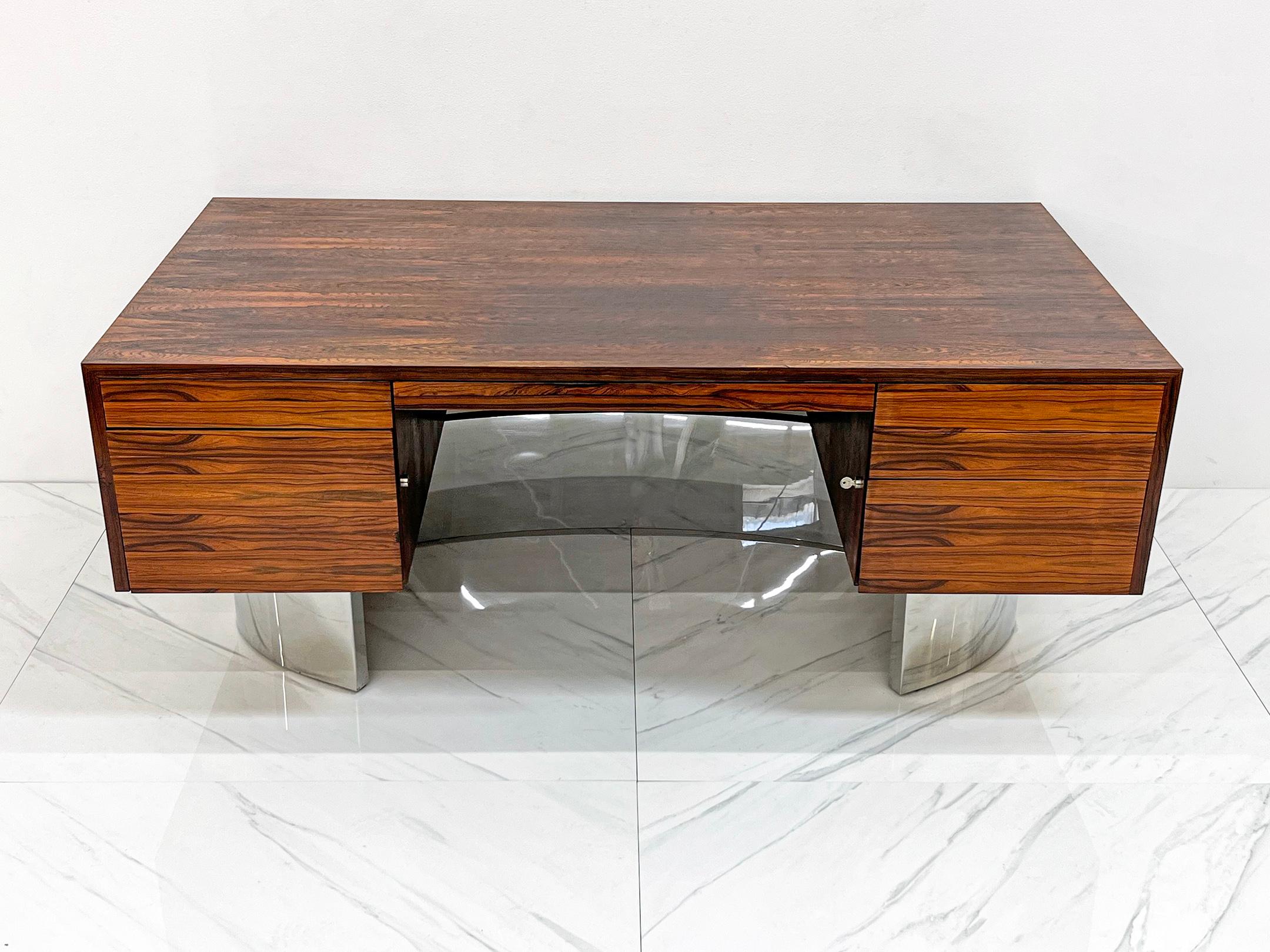 Mid-Century Modern Monumental Rosewood and Polished Stainless Steel Executive Desk, 1970's
