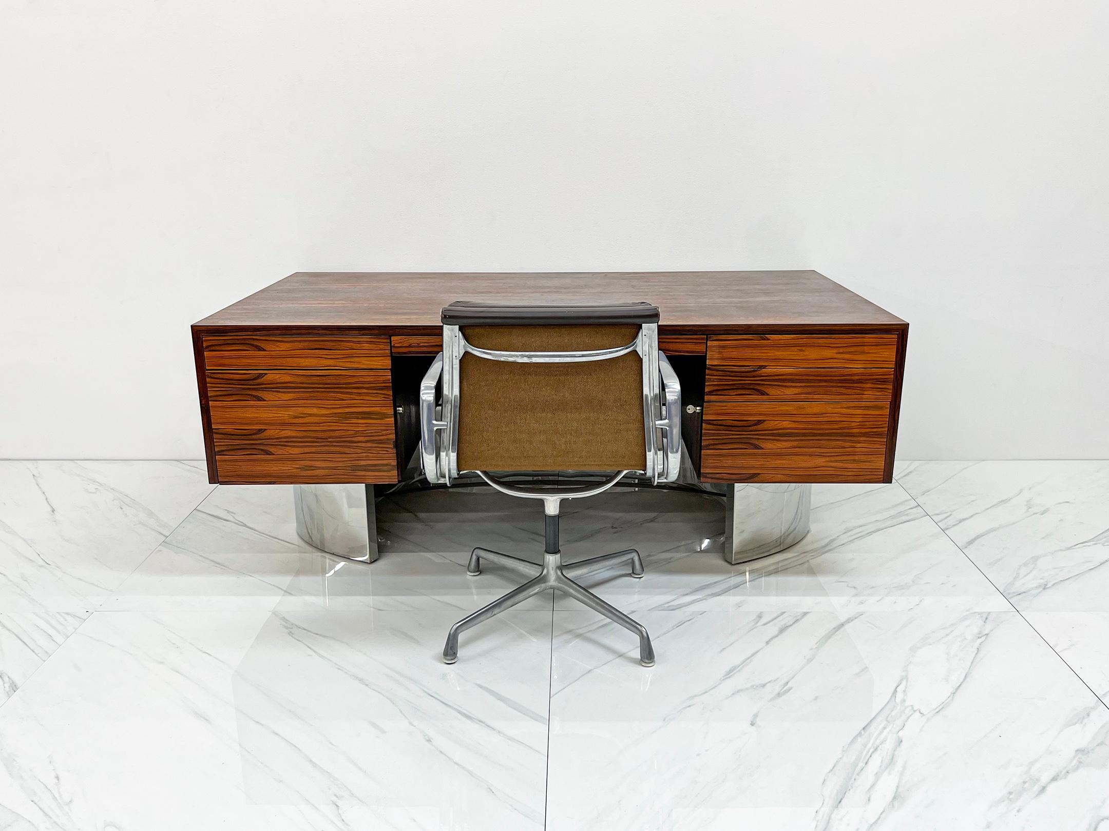 Monumental Rosewood and Polished Stainless Steel Executive Desk, 1970's In Good Condition In Culver City, CA