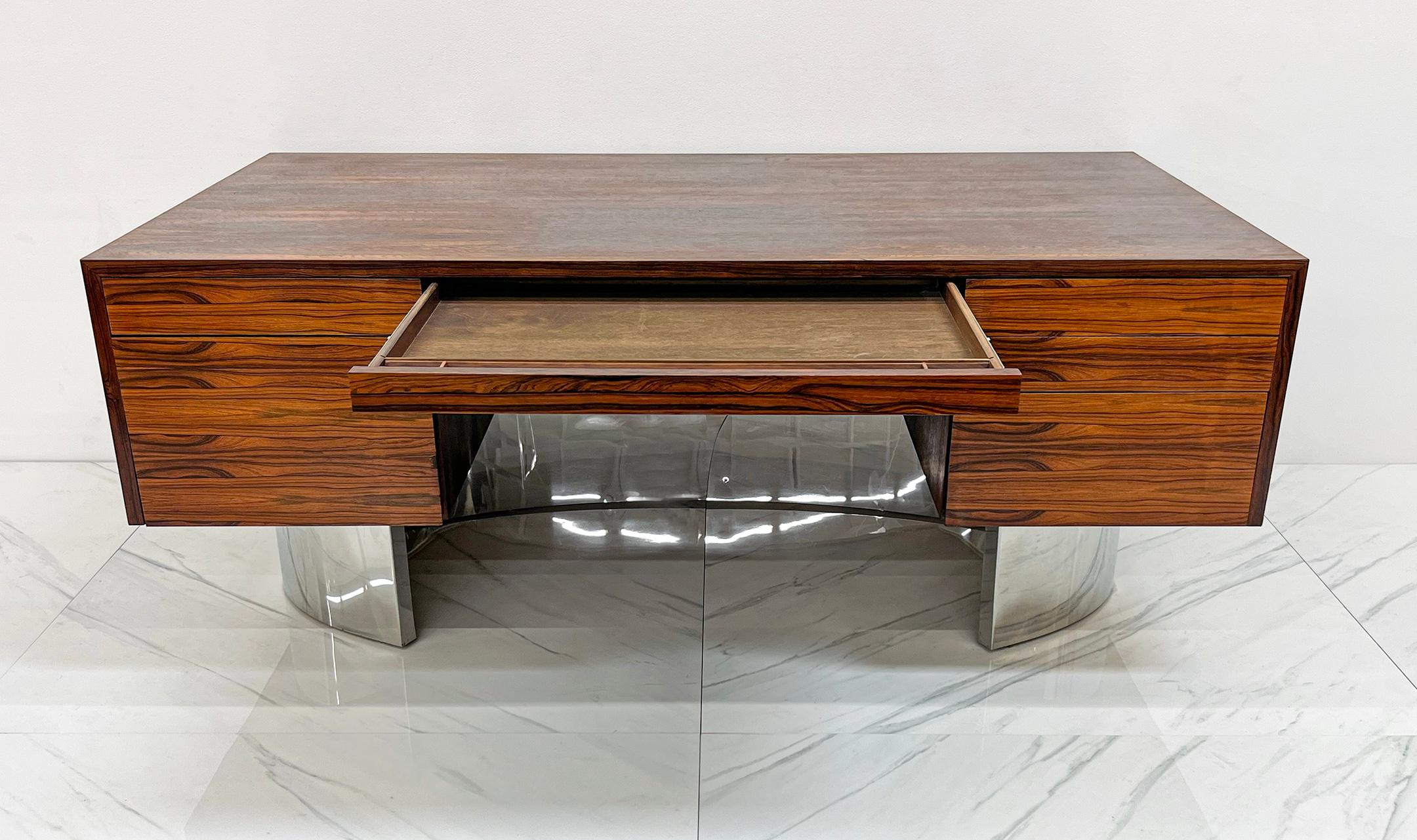 Late 20th Century Monumental Rosewood and Polished Stainless Steel Executive Desk, 1970's