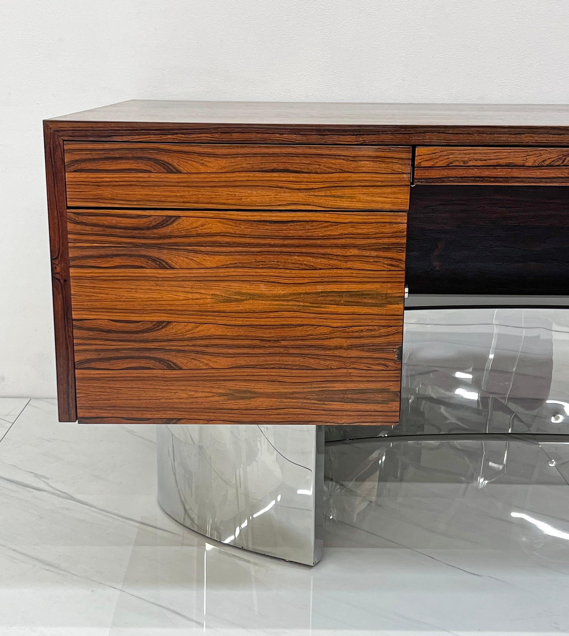 Monumental Rosewood and Polished Stainless Steel Executive Desk, 1970's 3