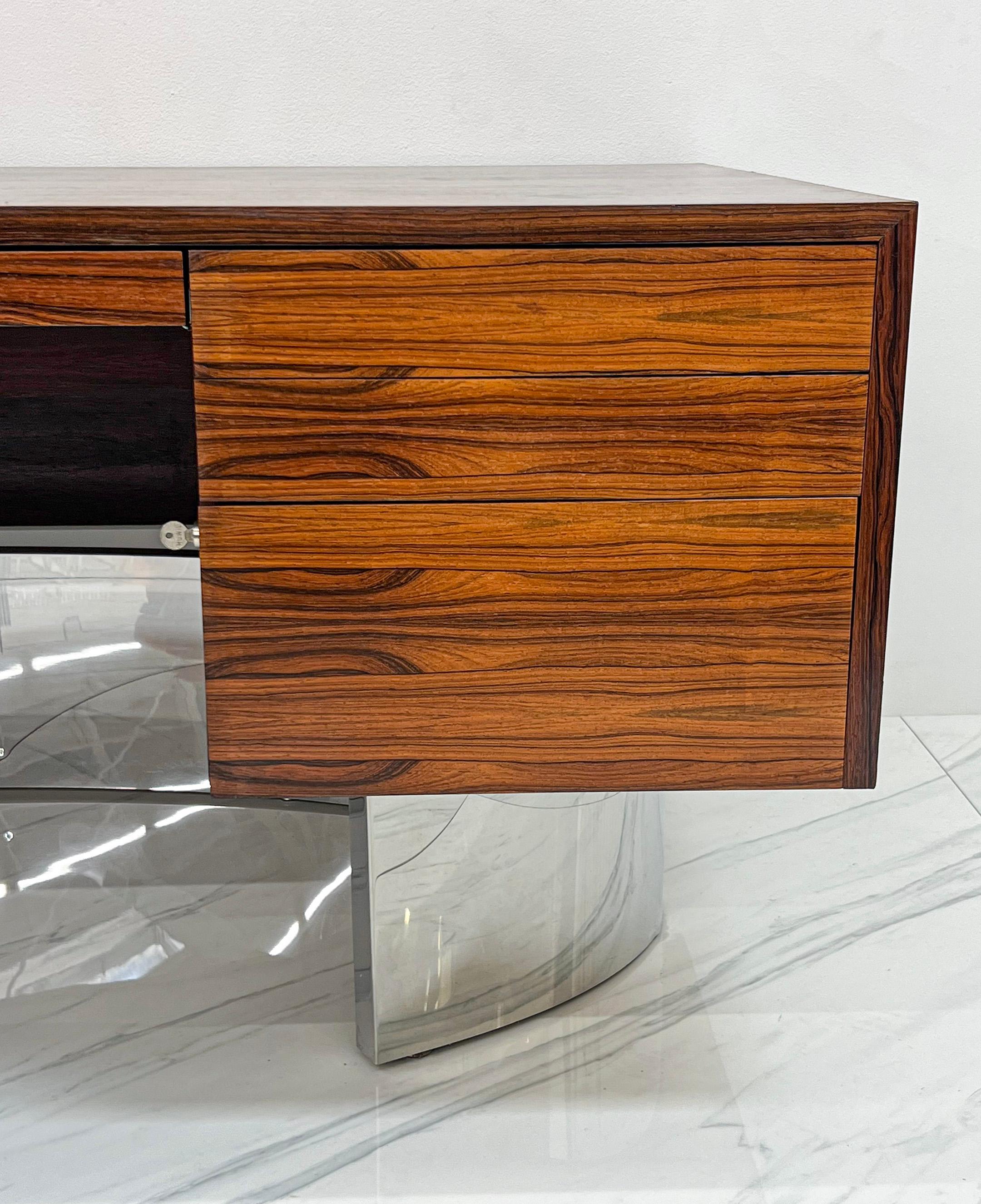 Monumental Rosewood and Polished Stainless Steel Executive Desk, 1970's 4