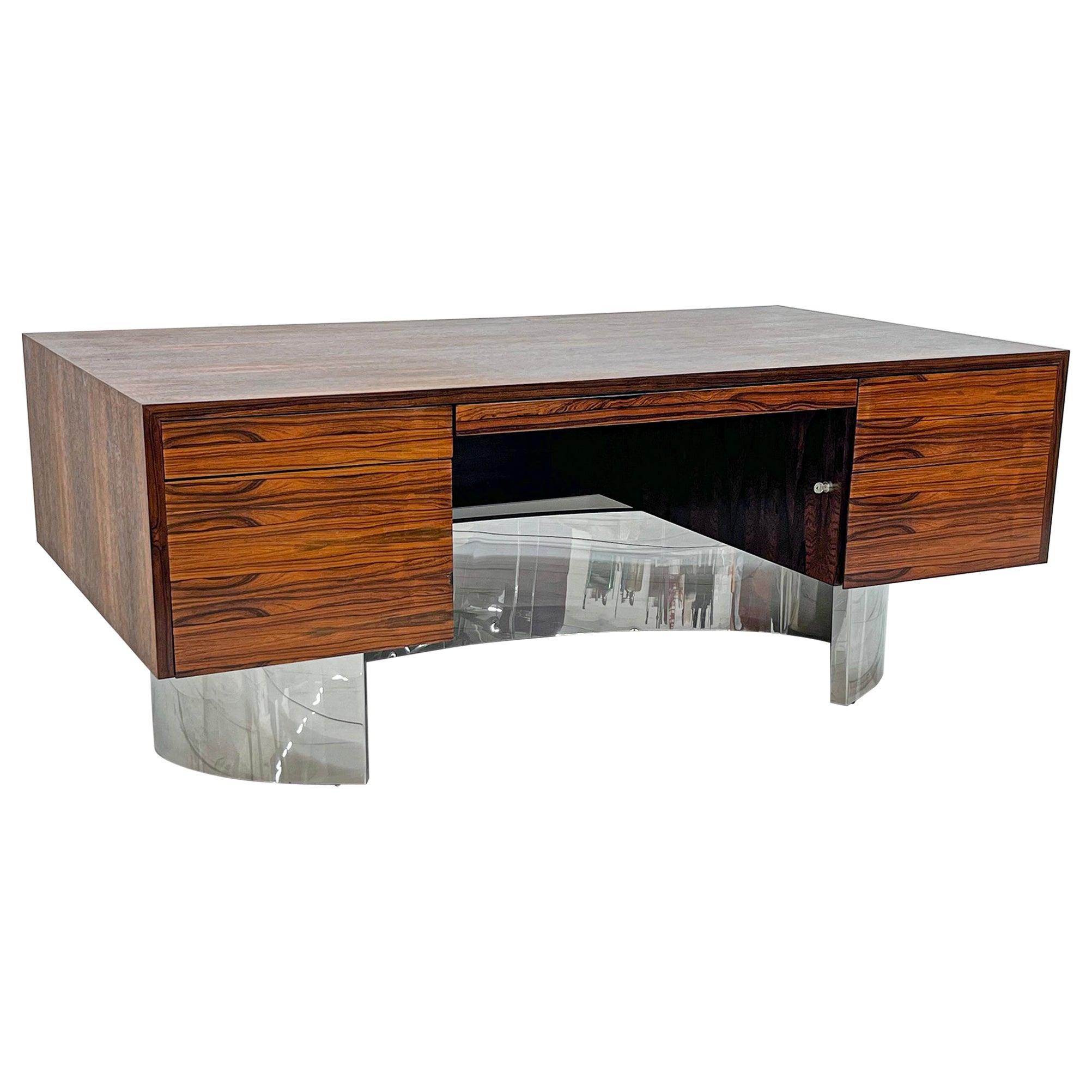 Monumental Rosewood and Polished Stainless Steel Executive Desk, 1970
s