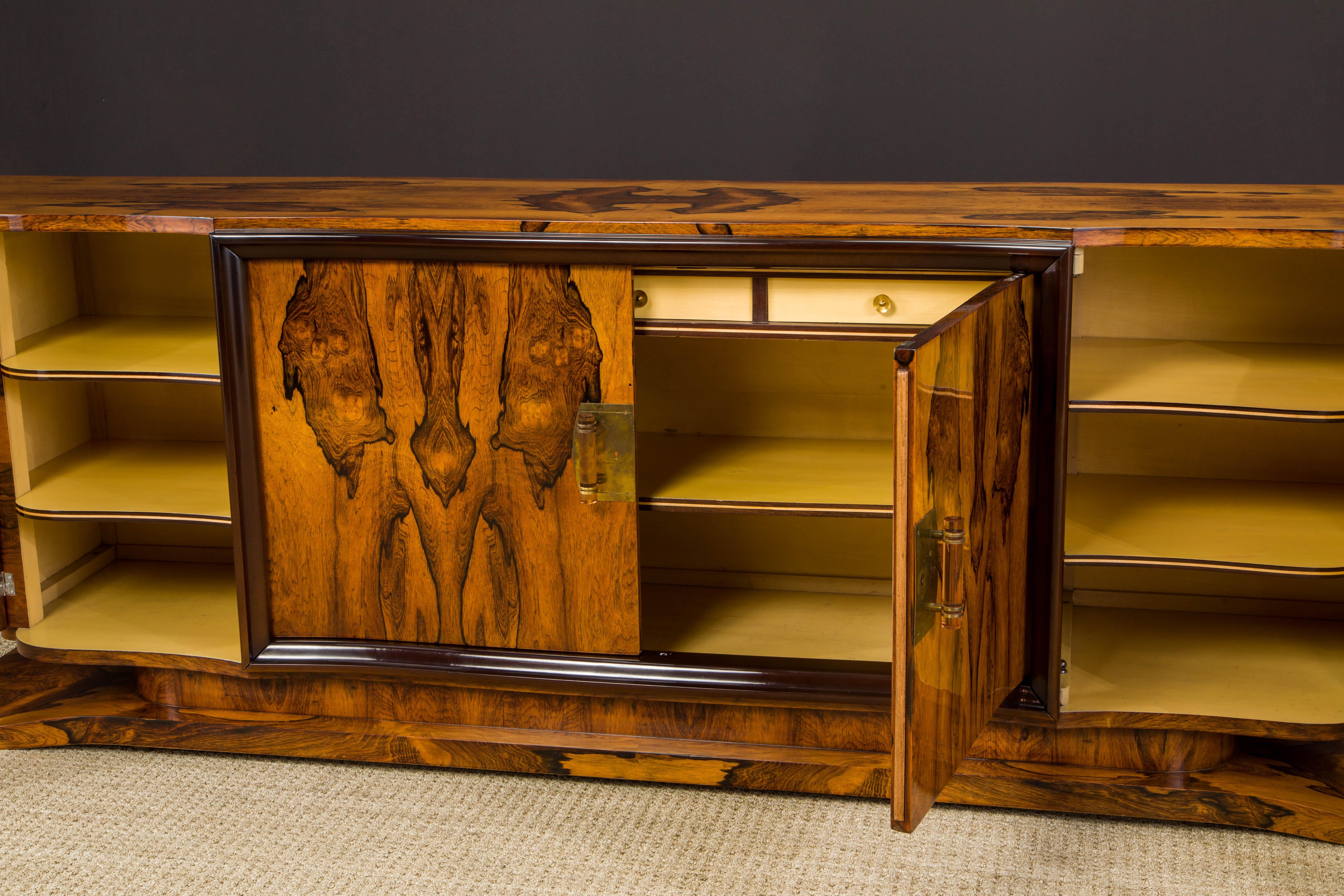 Monumental Rosewood Sideboard Cabinet with Brass and Rose Lucite Pulls, c 1930s For Sale 4