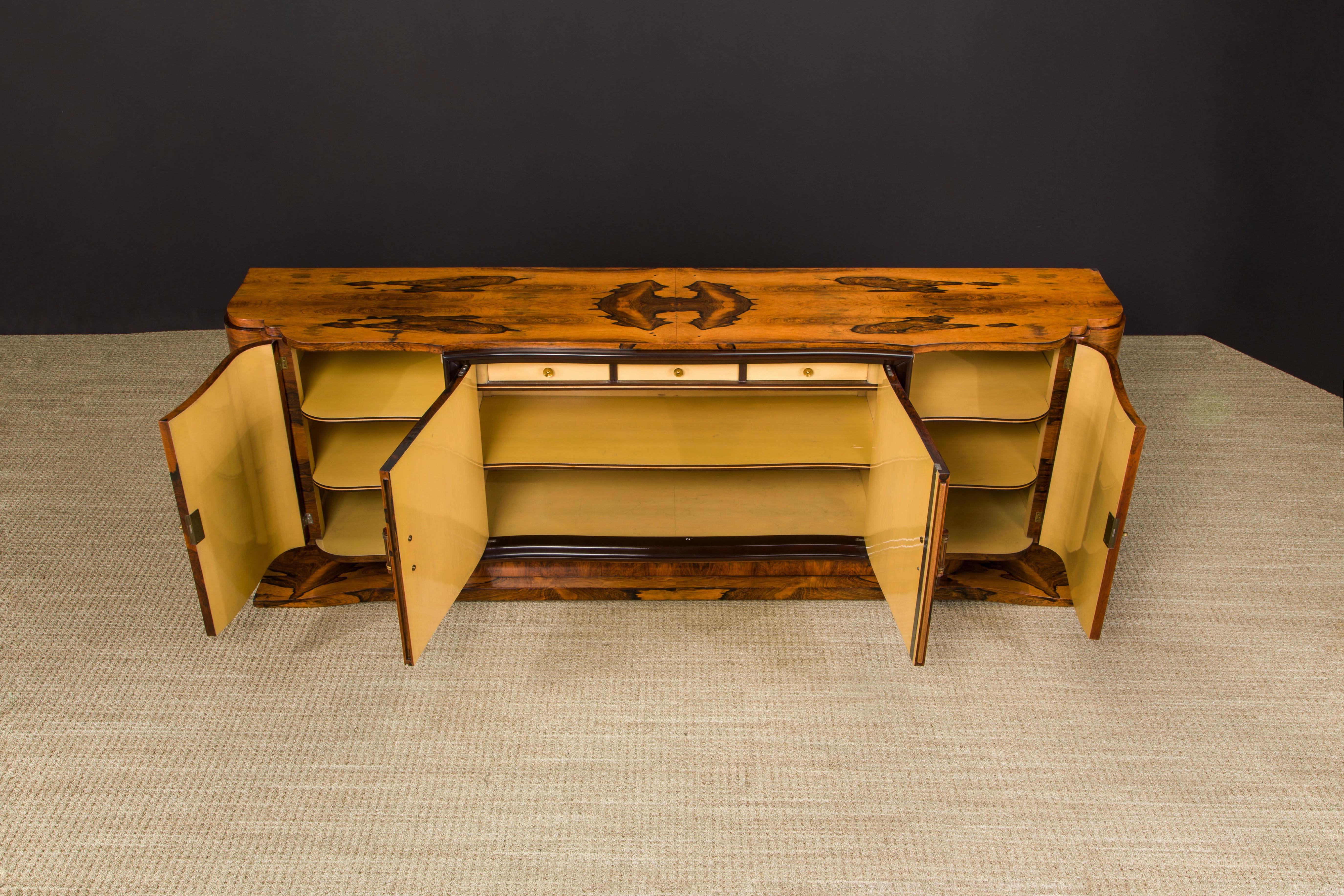 Monumental Rosewood Sideboard Cabinet with Brass and Rose Lucite Pulls, c 1930s For Sale 8