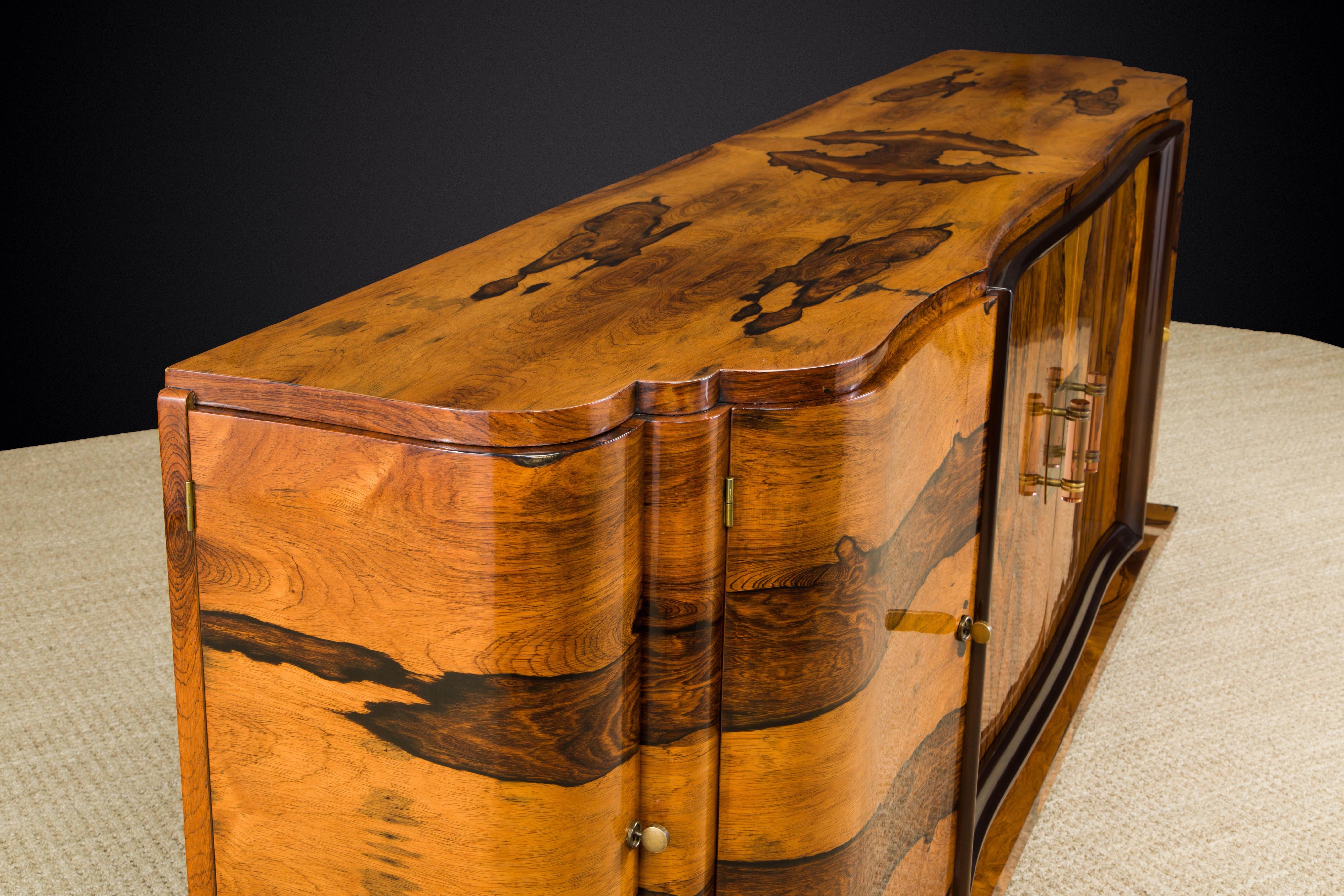 Monumental Rosewood Sideboard Cabinet with Brass and Rose Lucite Pulls, c 1930s For Sale 10