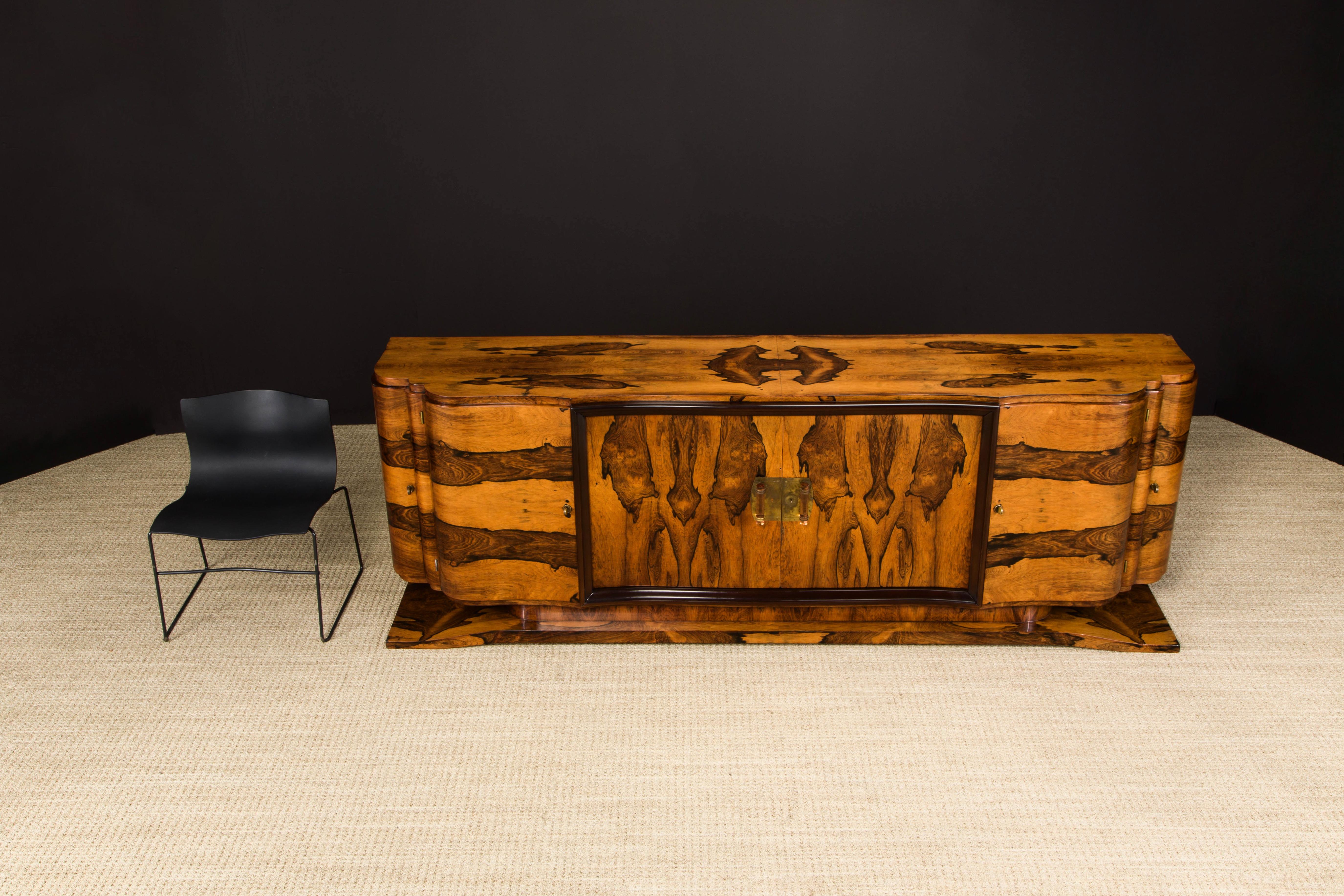 Monumental Rosewood Sideboard Cabinet with Brass and Rose Lucite Pulls, c 1930s For Sale 14