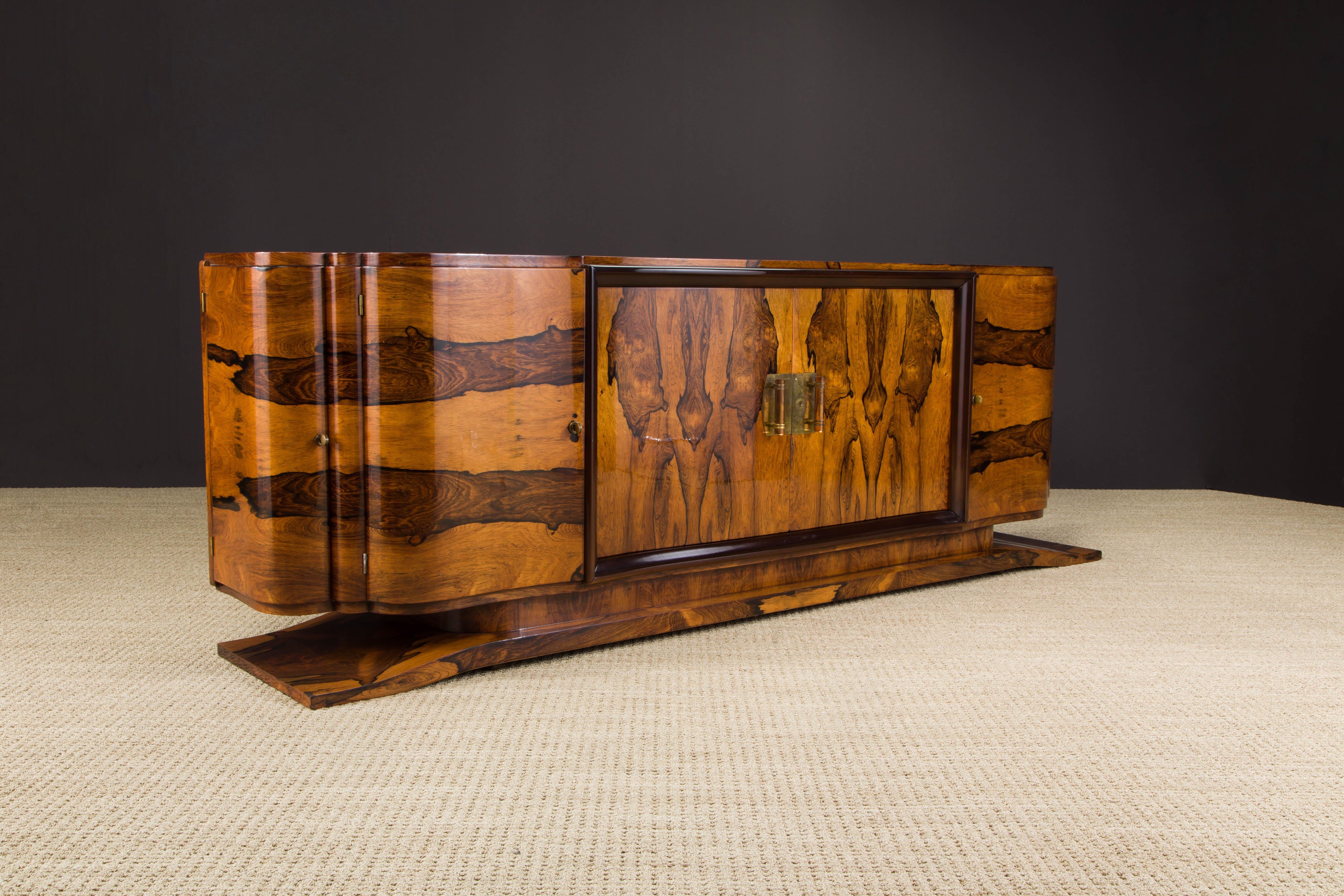 Art Deco Monumental Rosewood Sideboard Cabinet with Brass and Rose Lucite Pulls, c 1930s For Sale